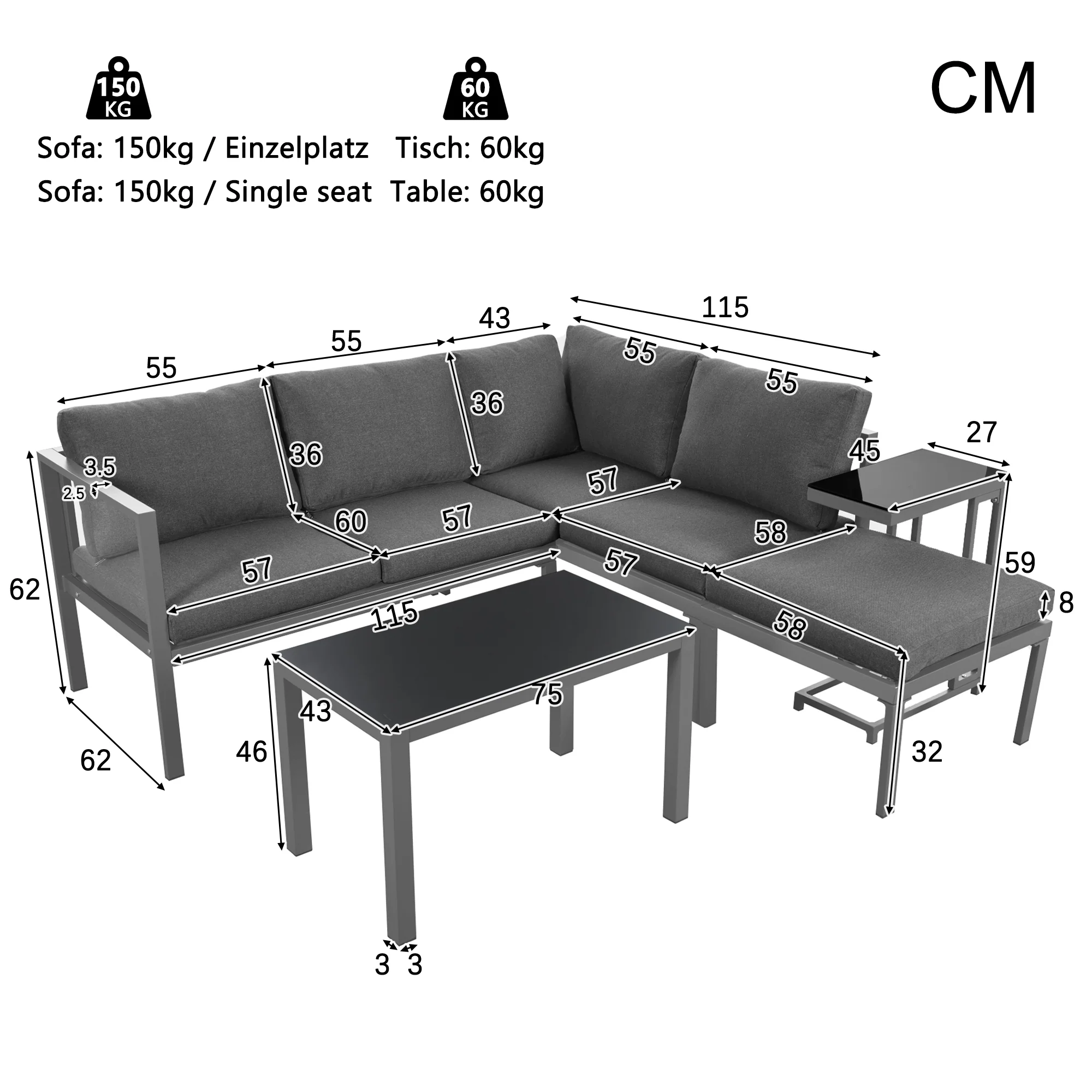 Garden Lounge Set Corner Chairs 4-5 Seater Side & Coffee Table 5-Piece - Grey - Image 9