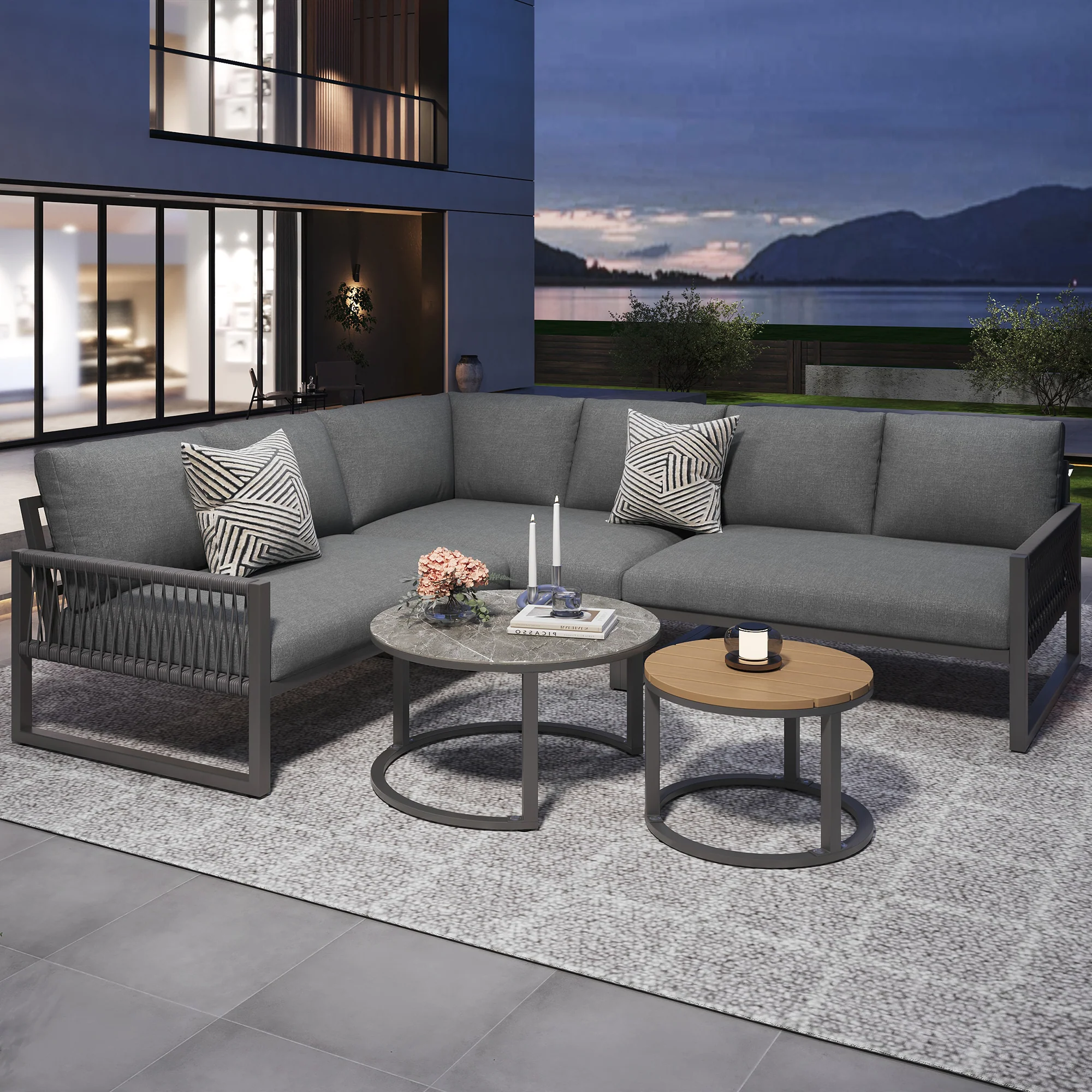 Garden Lounge Set Corner Sofa 6-7 Seater Adjustable Legs - Grey - Image 3