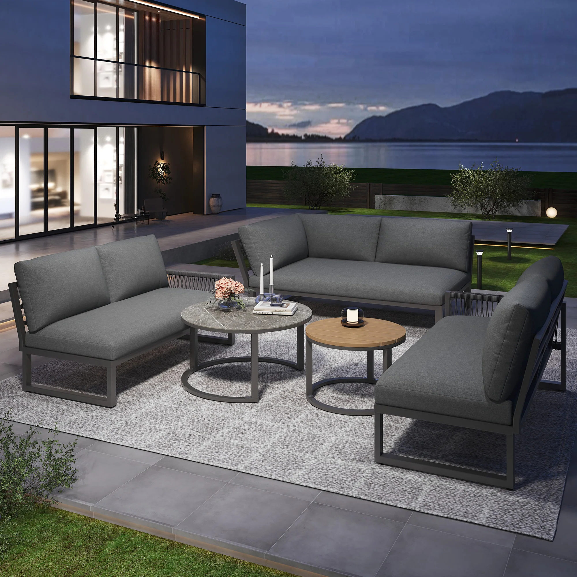 Garden Lounge Set Corner Sofa 6-7 Seater Adjustable Legs - Grey - Image 4