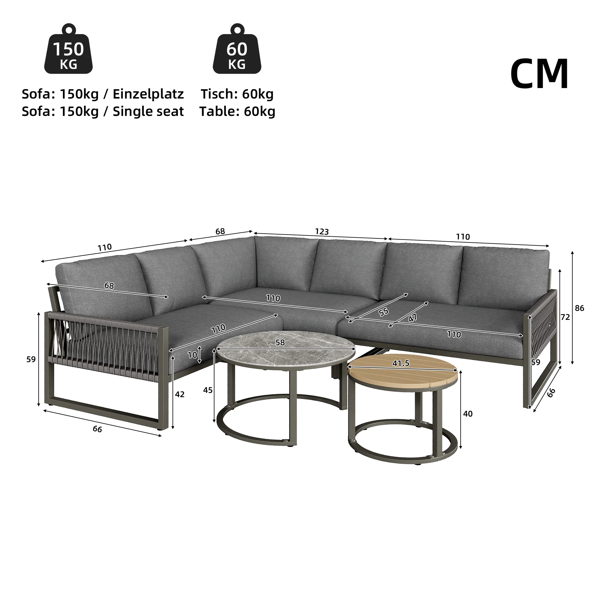 Garden Lounge Set Corner Sofa 6-7 Seater Adjustable Legs - Grey - Image 5