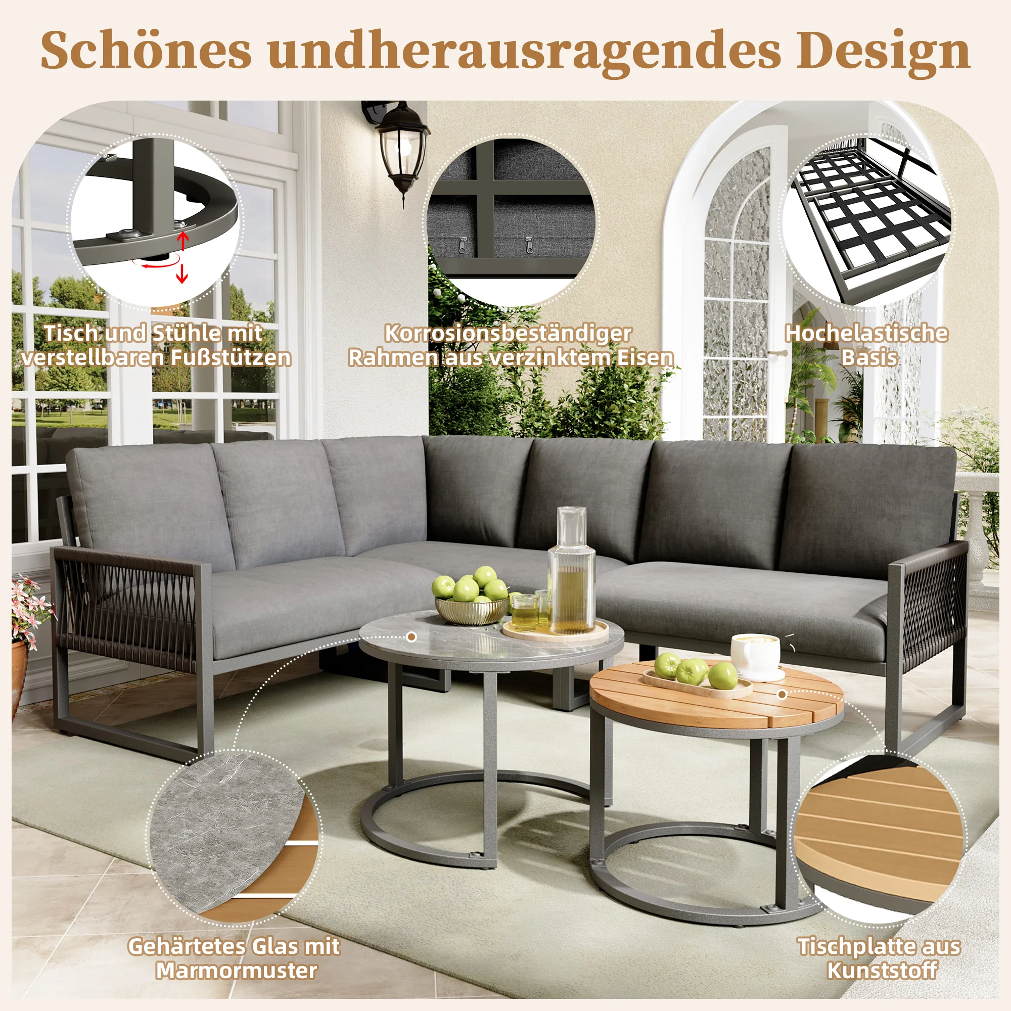 Garden Lounge Set Corner Sofa 6-7 Seater Adjustable Legs - Grey - Image 8