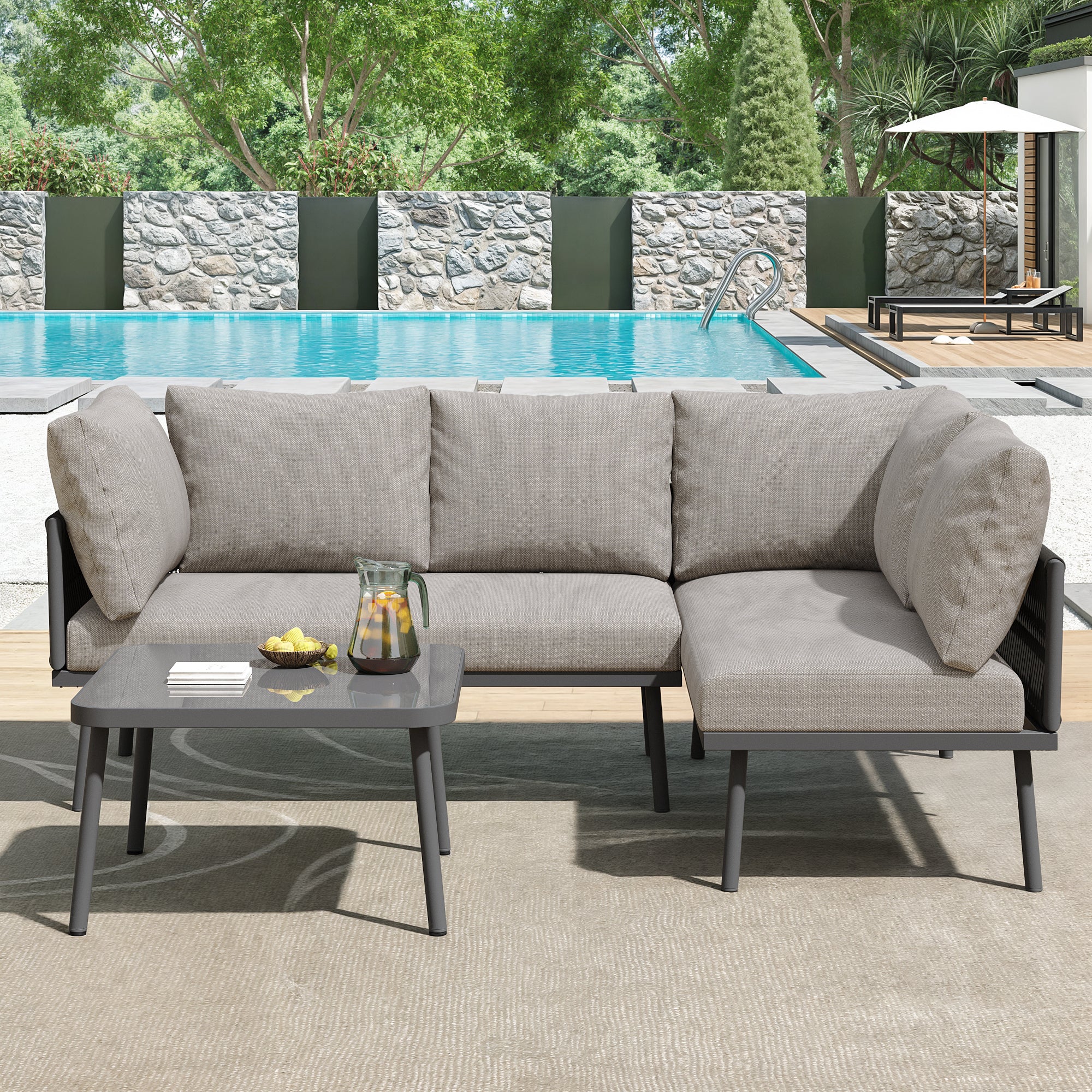 Garden Lounge Set L-Shaped 2 Sofas 1 Table Adjustable Feet Grey Rope/Iron - Image 3