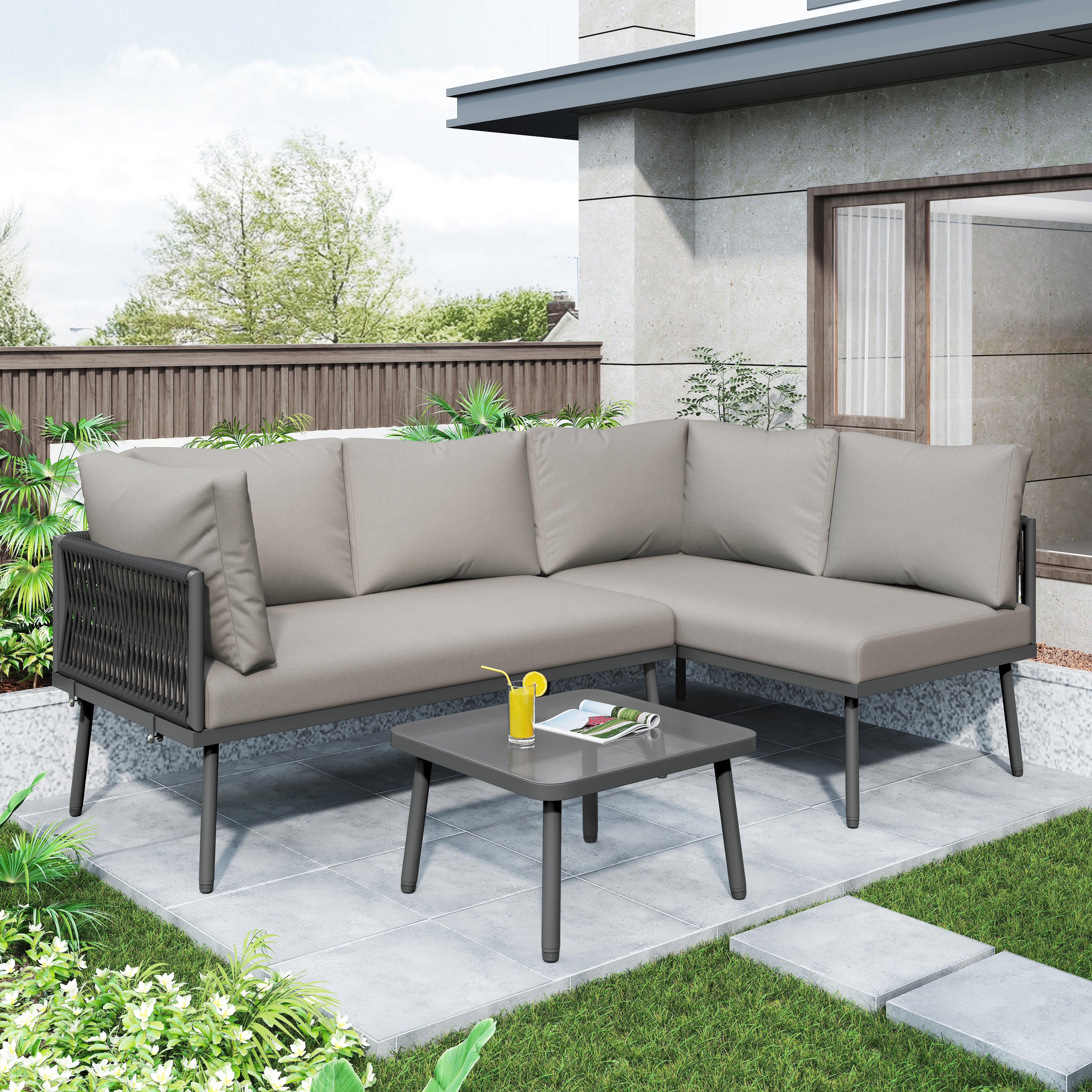 Garden Lounge Set L-Shaped 2 Sofas 1 Table Adjustable Feet Grey Rope/Iron - Image 4