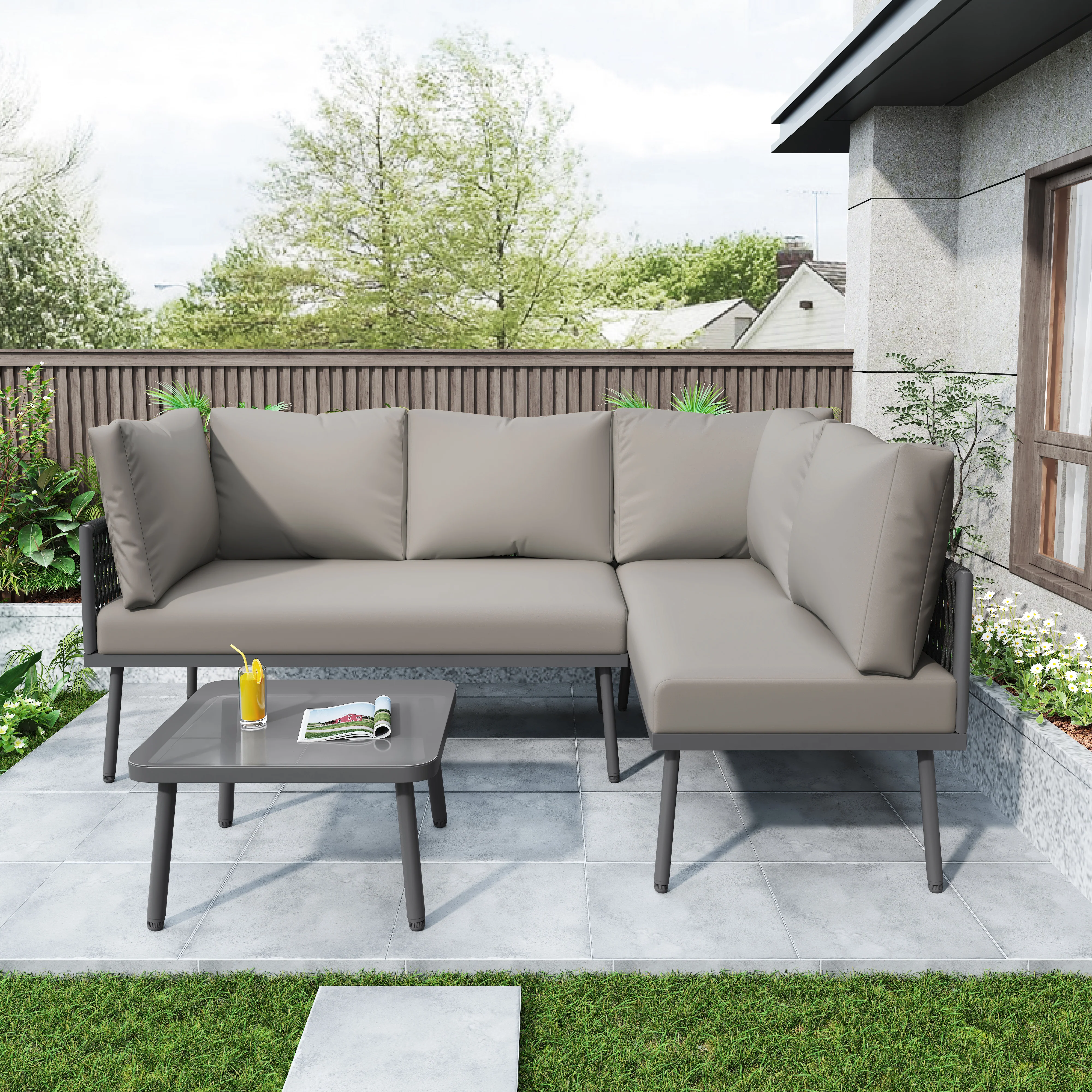 Garden Lounge Set L-Shaped 2 Sofas 1 Table Adjustable Feet Grey Rope/Iron - Image 5