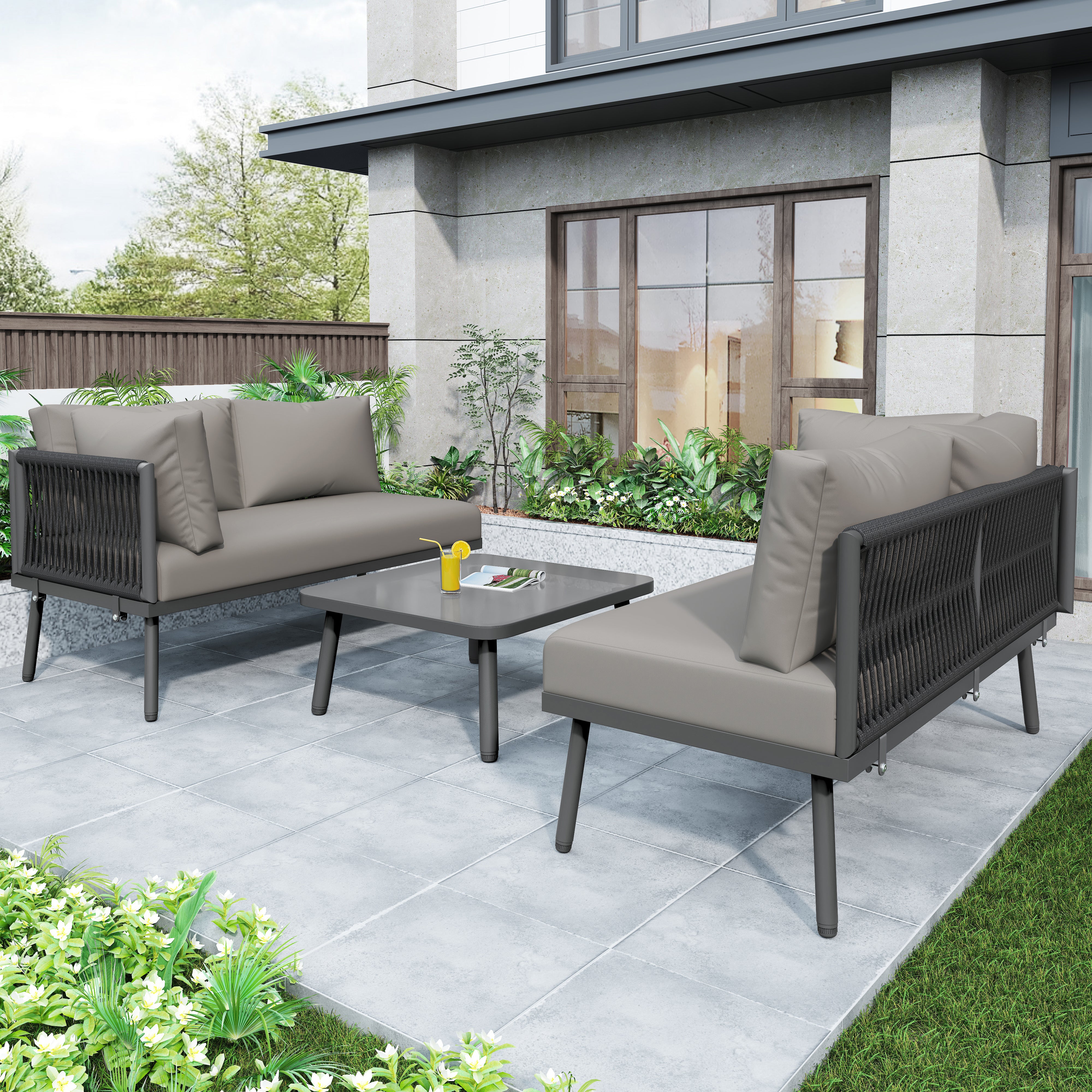 Garden Lounge Set L-Shaped 2 Sofas 1 Table Adjustable Feet Grey Rope/Iron - Image 6