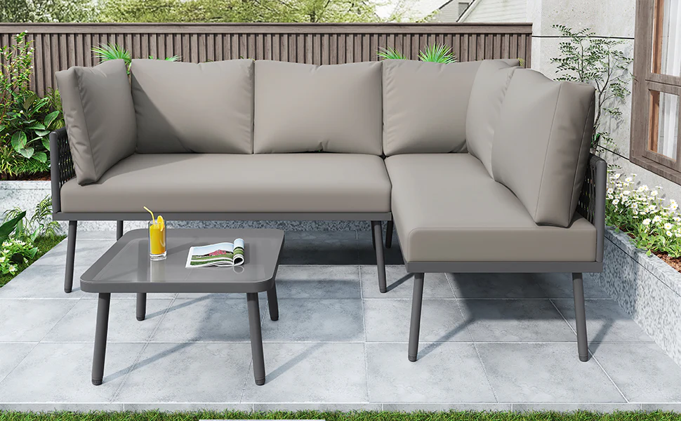 Garden Lounge Set L-Shaped 2 Sofas 1 Table Adjustable Feet Grey Rope/Iron - Image 7