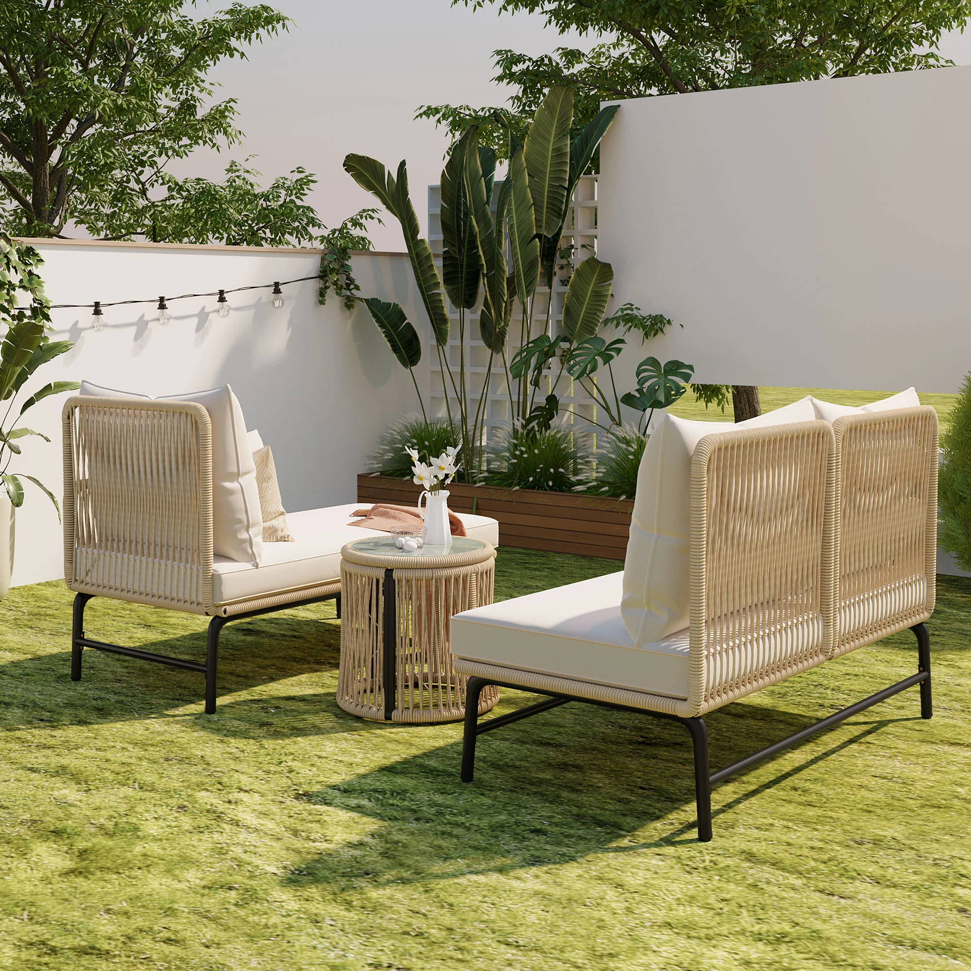 Garden Lounge Set L-Shaped Conversation Set with Table Iron Frame Beige Rope - Image 3