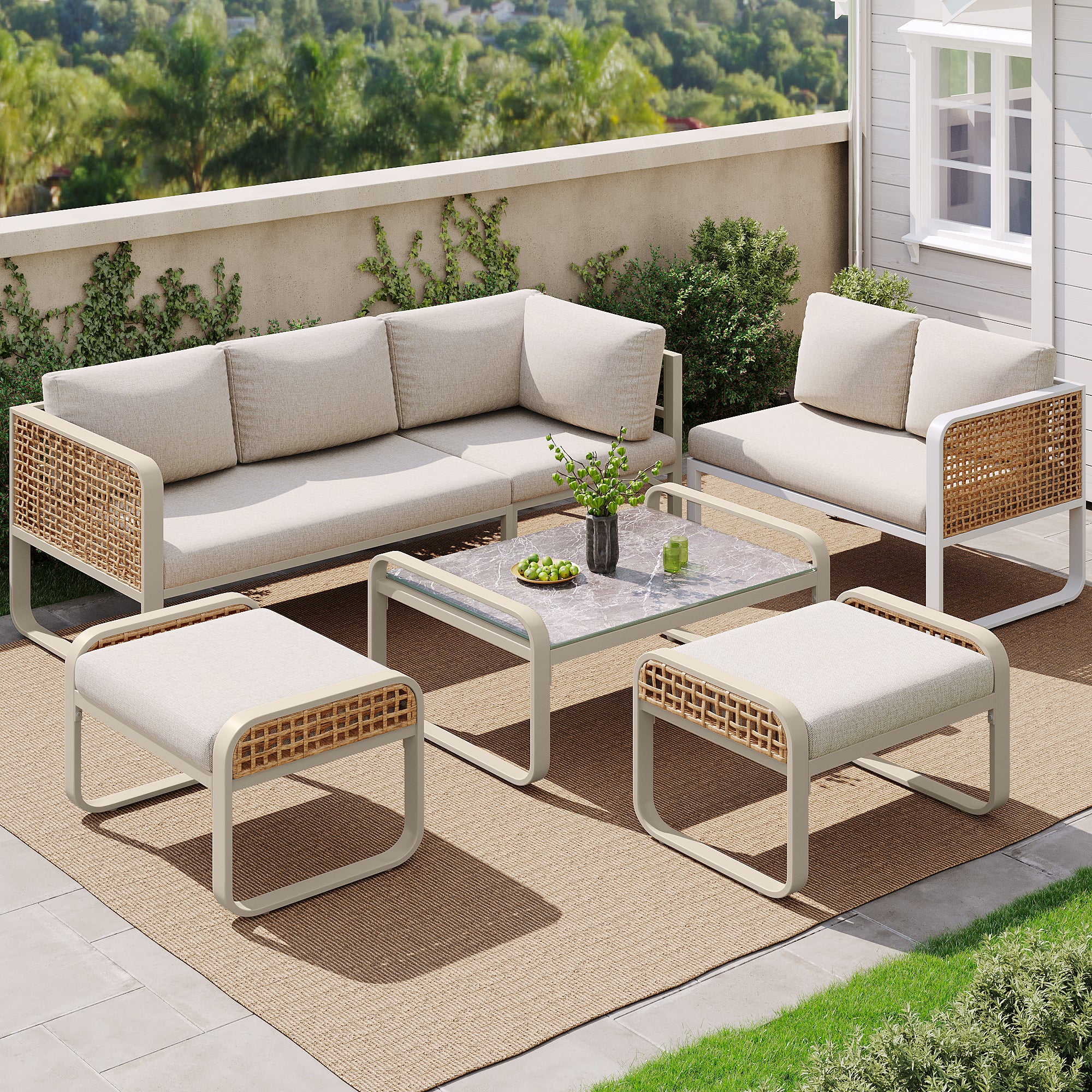 Garden Lounge Set Rattan Corner Sofa 6-7 Seater Adjustable Legs - Beige - Image 2