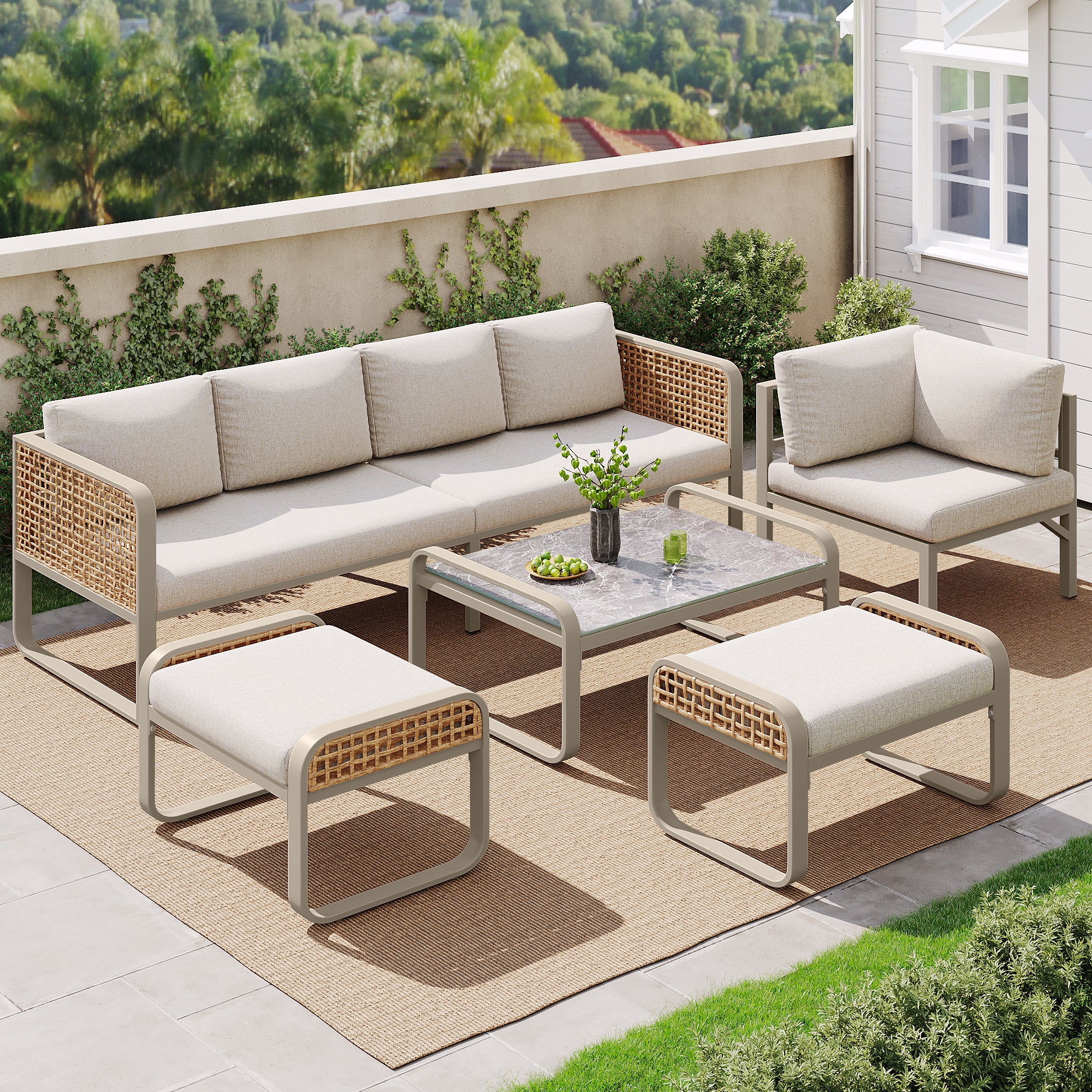 Garden Lounge Set Rattan Corner Sofa 6-7 Seater Adjustable Legs - Beige - Image 3