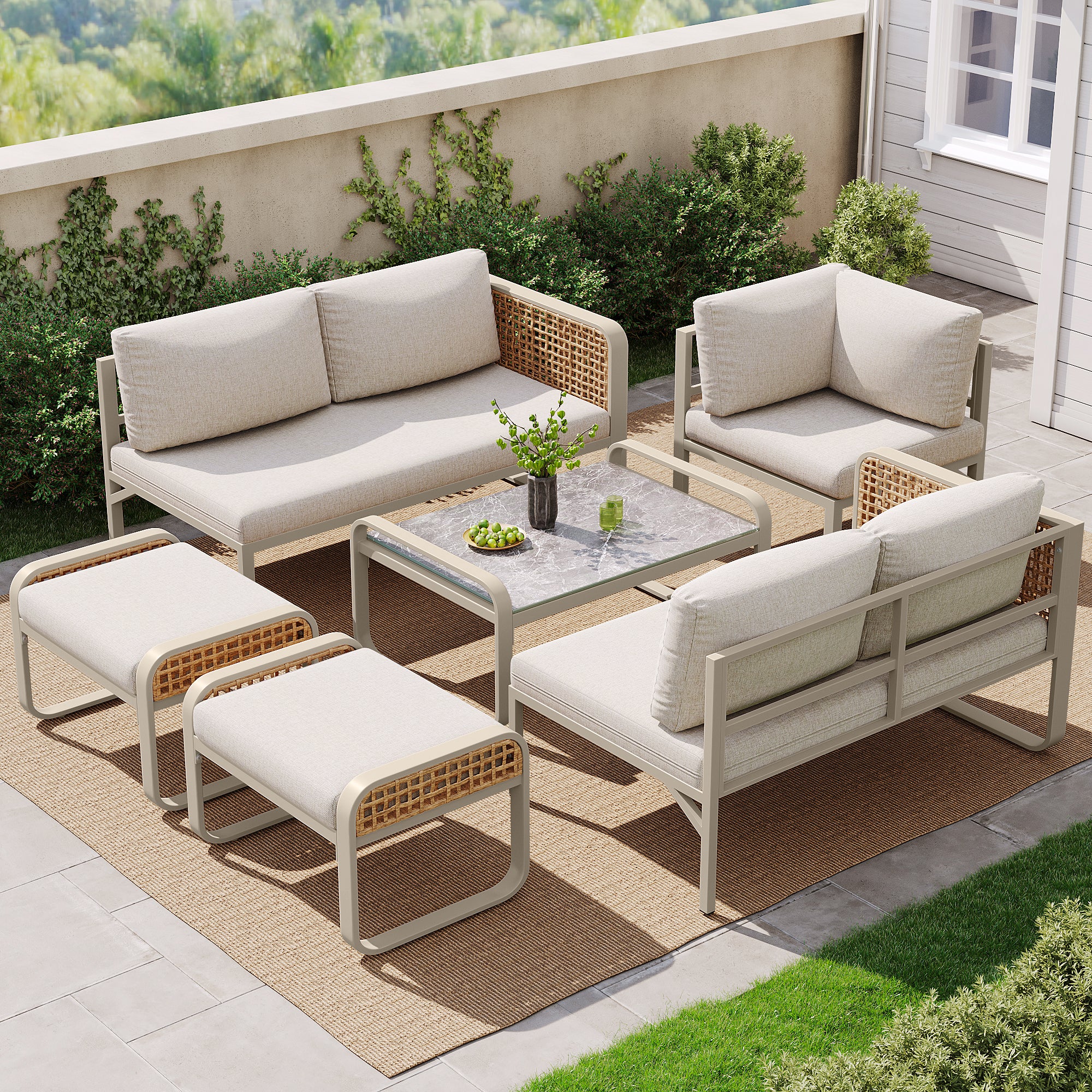 Garden Lounge Set Rattan Corner Sofa 6-7 Seater Adjustable Legs - Beige - Image 4