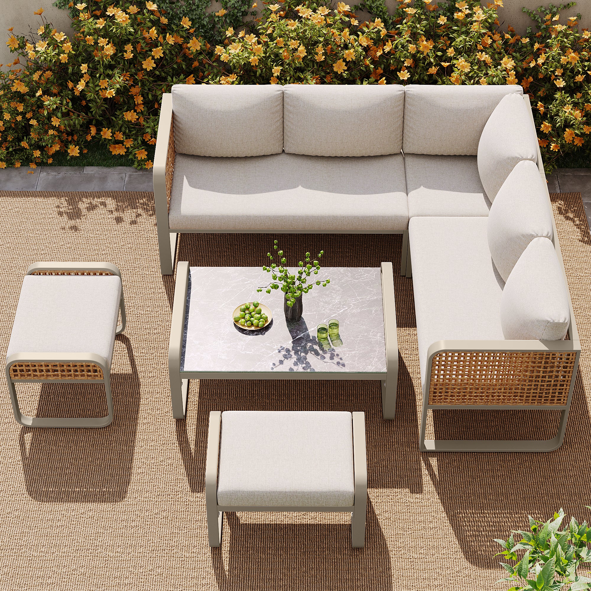 Garden Lounge Set Rattan Corner Sofa 6-7 Seater Adjustable Legs - Beige - Image 5