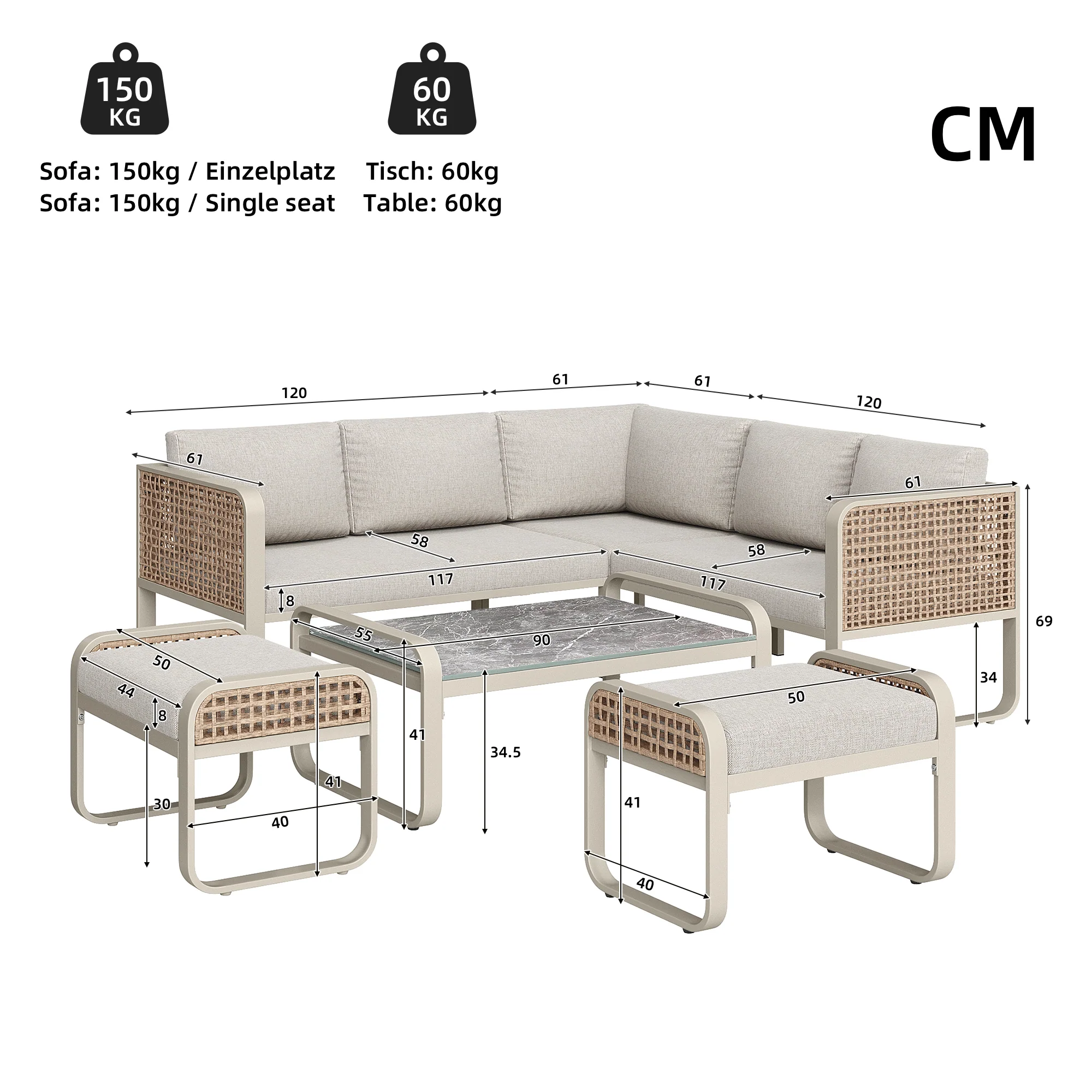 Garden Lounge Set Rattan Corner Sofa 6-7 Seater Adjustable Legs - Beige - Image 6