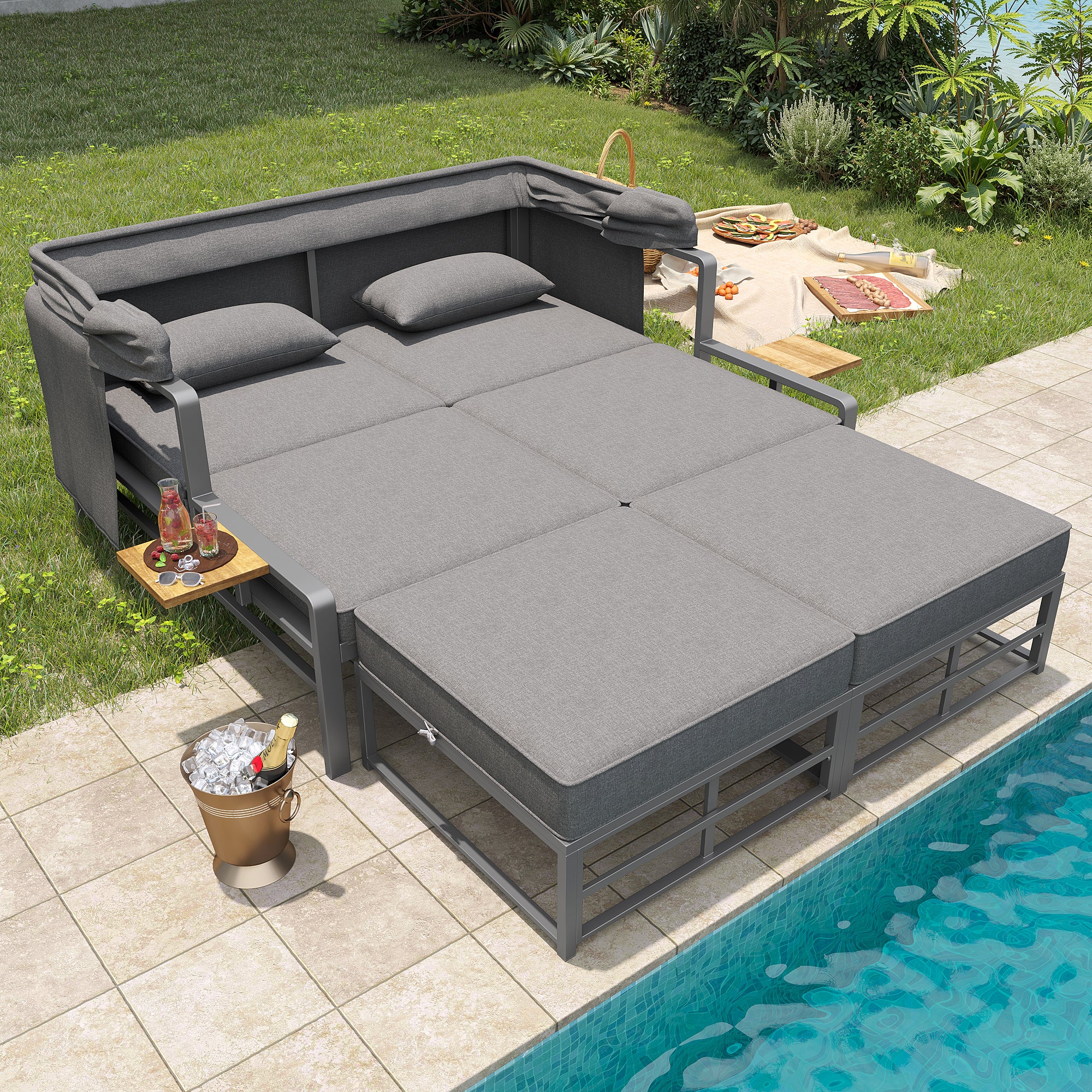 Garden Lounge Set Sun Lounger 2-4 Person with Foldable Sunshade - Image 2