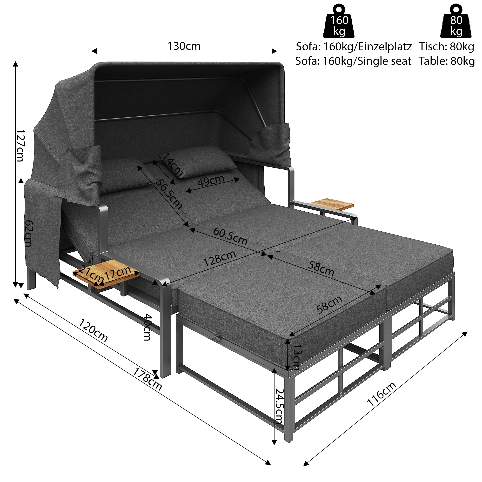 Garden Lounge Set Sun Lounger 2-4 Person with Foldable Sunshade - Image 3