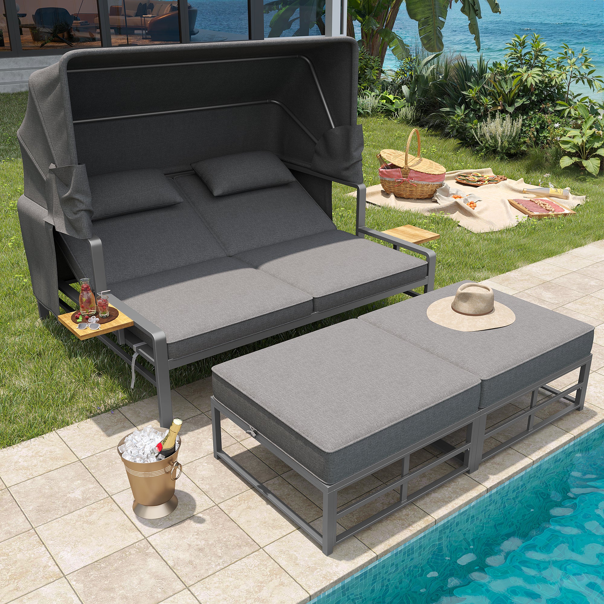 Garden Lounge Set Sun Lounger 2-4 Person with Foldable Sunshade - Image 4