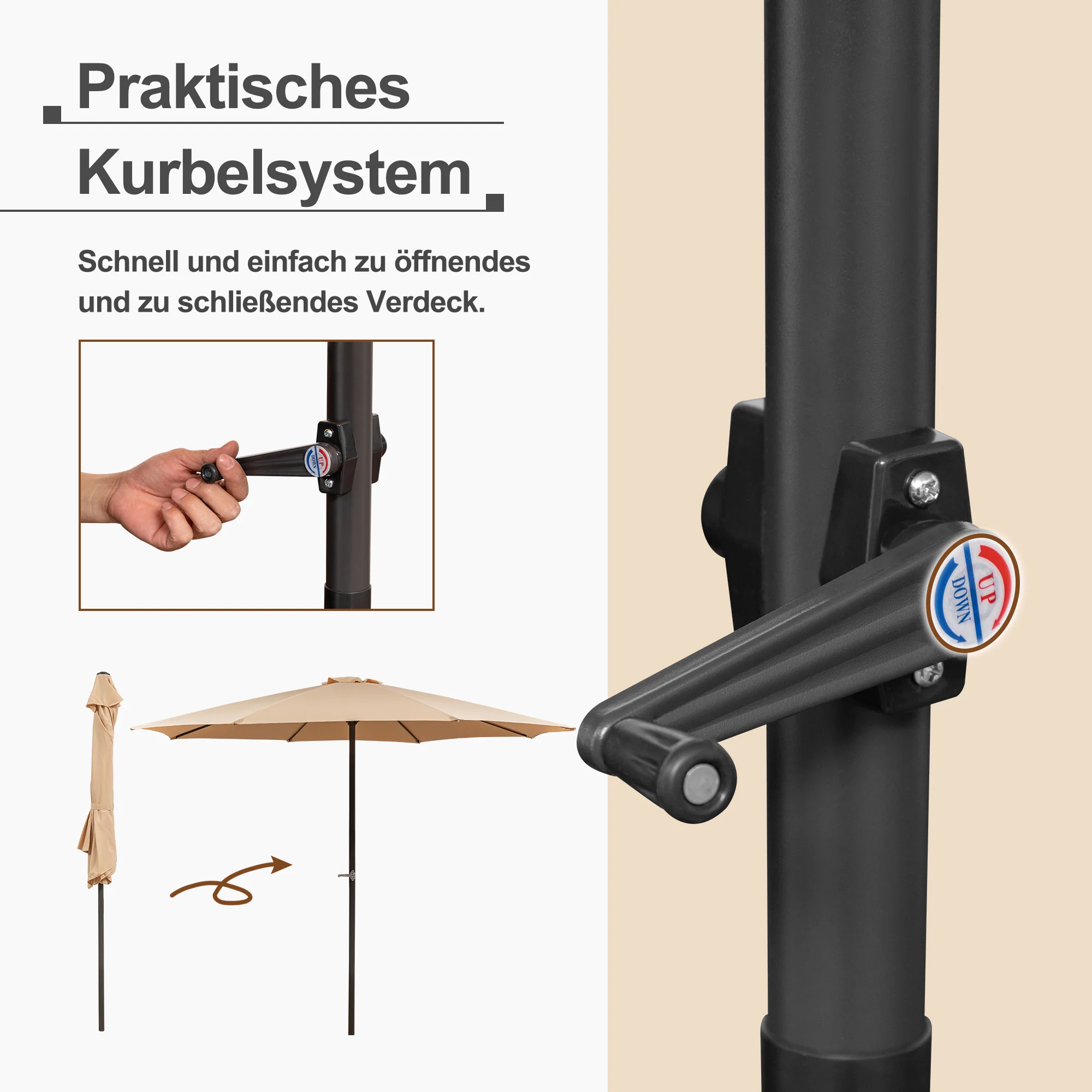 Garden Parasol 300x245cm Double Crank 8-Ribs Waterproof Fabric Khaki - Image 5