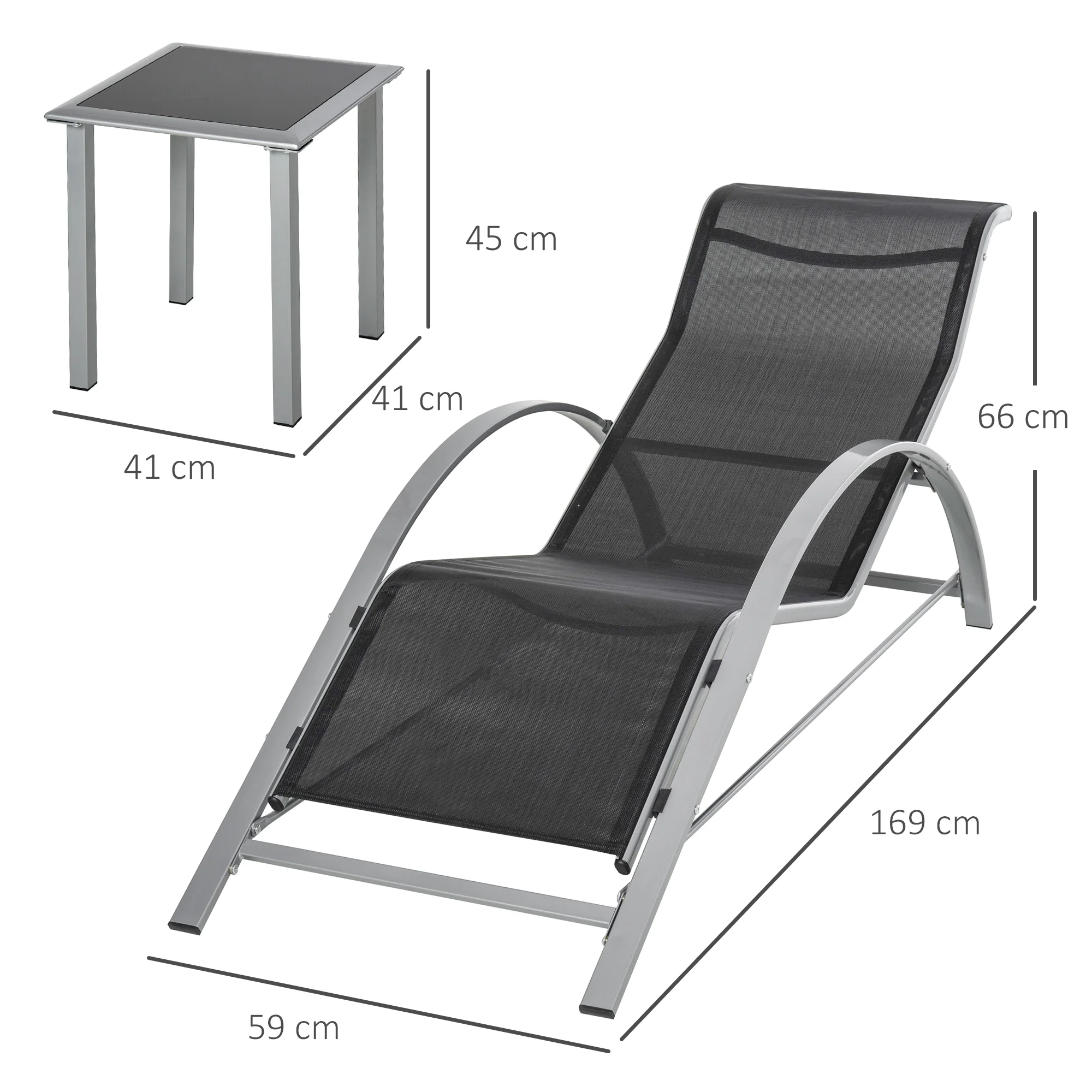 Garden Seating Set, 3-Piece Lounger & Table 2 Chairs Patio, Metal Mesh Black - Image 3