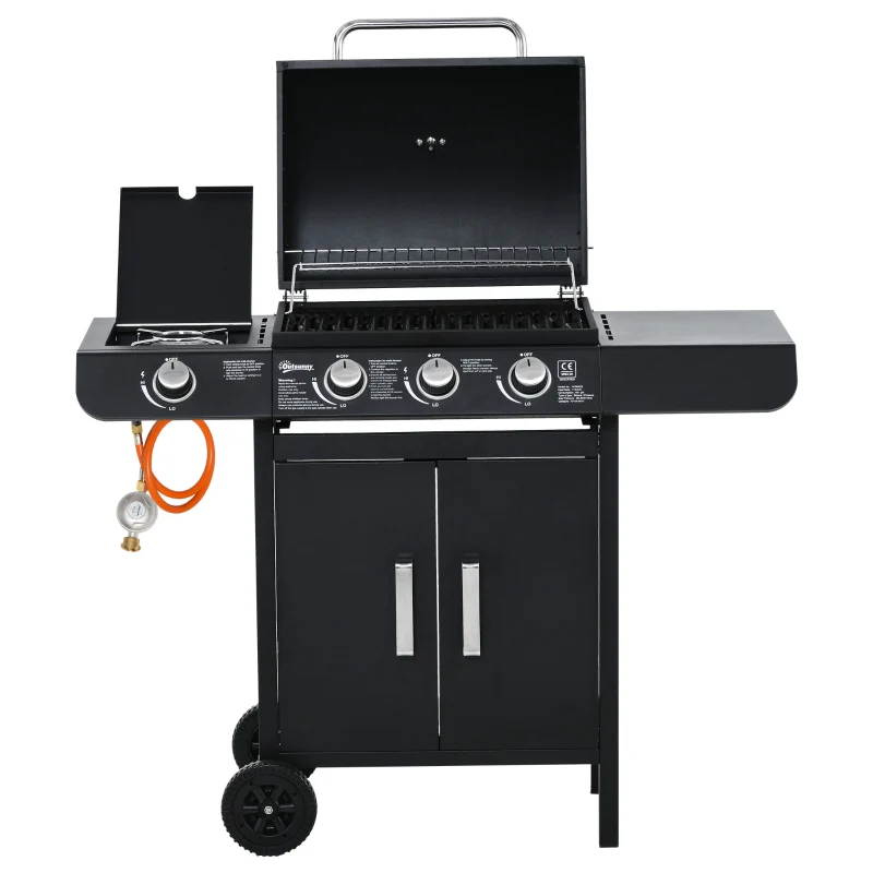 Gas Grill BBQ Cart 3 Burners 1 Side Burner Multifunctional 110x50x100 cm Steel Black - Image 2