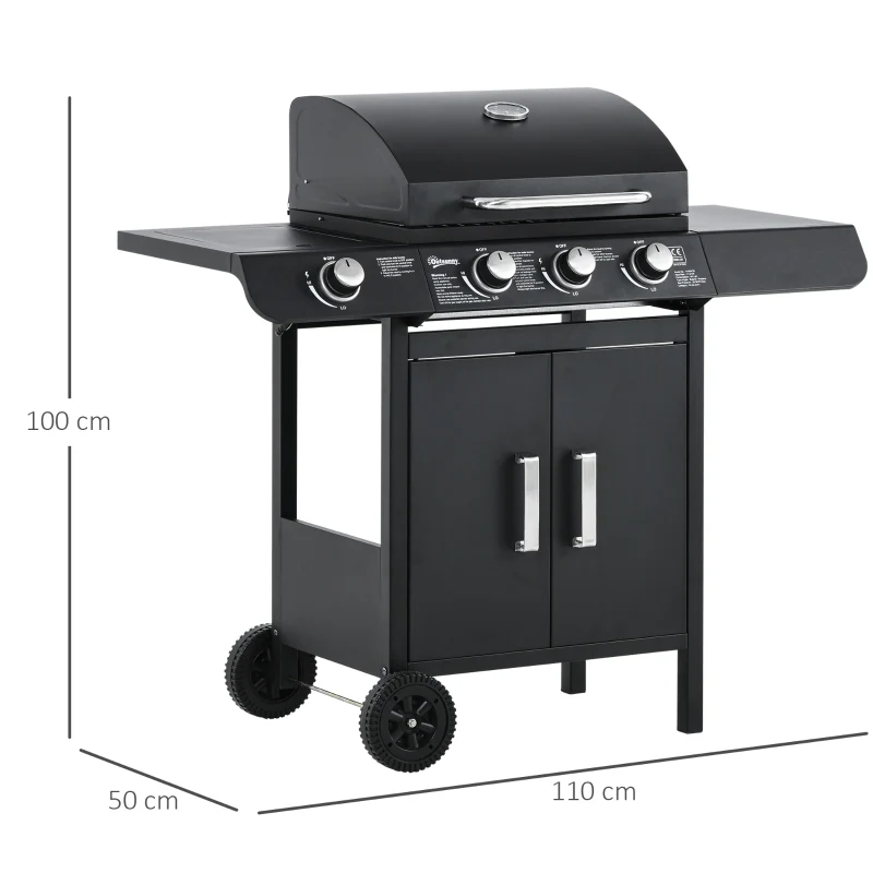 Gas Grill BBQ Cart 3 Burners 1 Side Burner Multifunctional 110x50x100 cm Steel Black - Image 3
