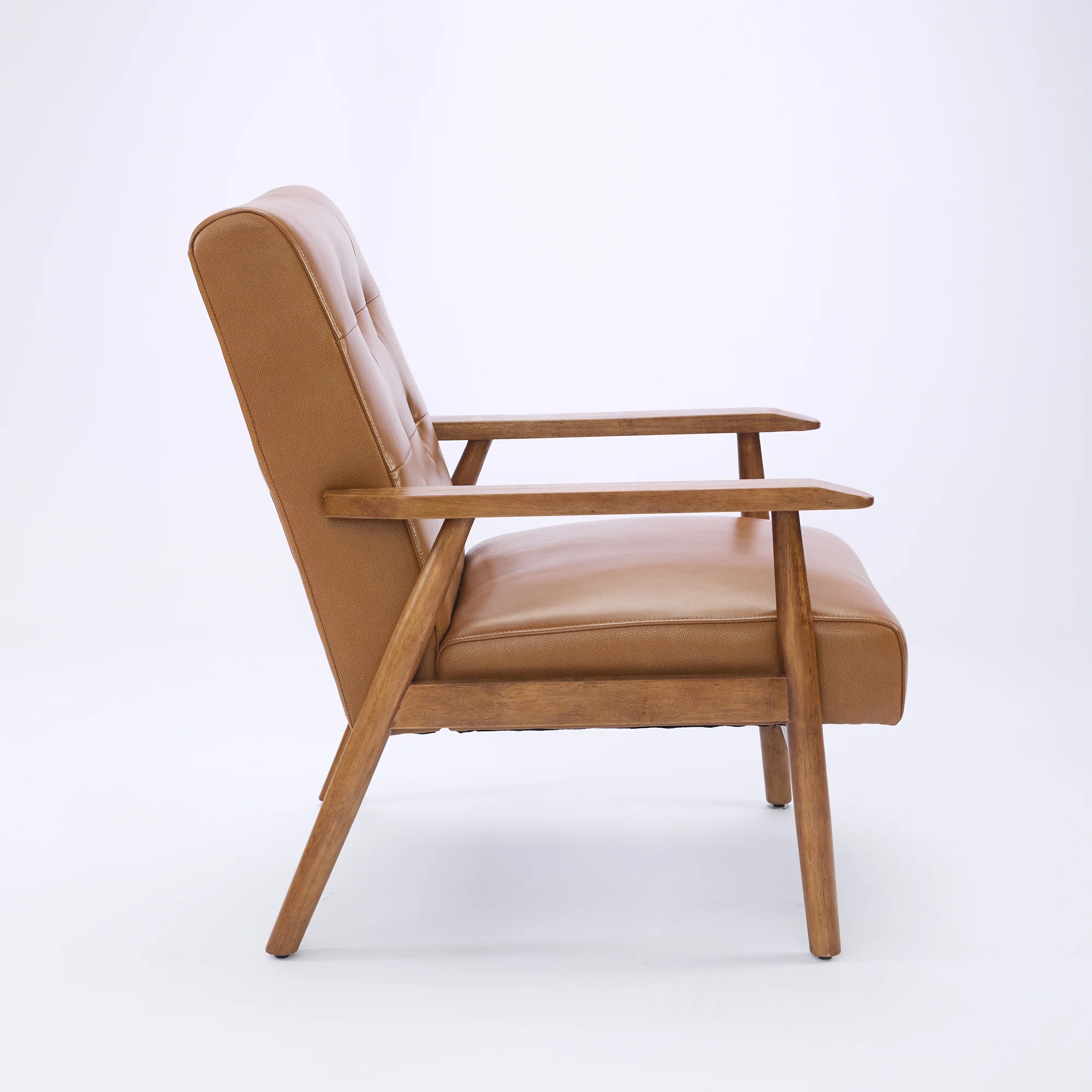 Genuine Leather Lounge Chair Walnut Armrests Rubberwood Legs - Light Brown - Image 4