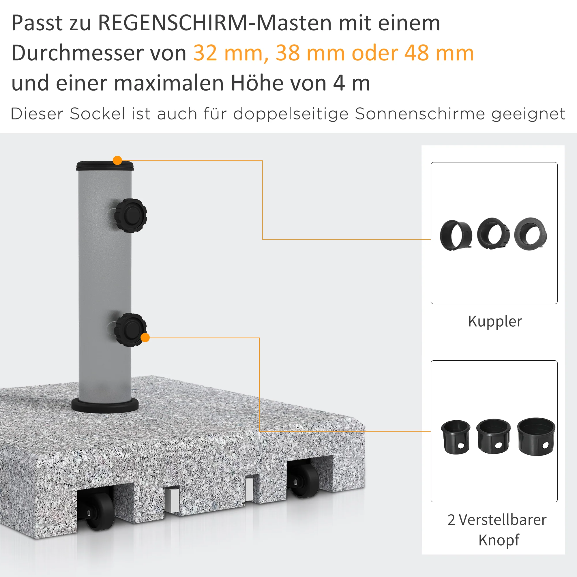 Granite Parasol Base, 28kg with Wheels, Pole Diameters 32/38/48mm, Grey - Image 4