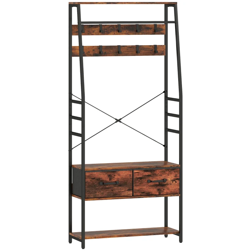 Hall Tree with Bench, Shoe Rack & 2 Drawers - Brown - Image 2