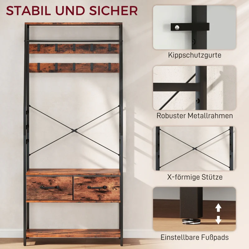 Hall Tree with Bench, Shoe Rack & 2 Drawers - Brown - Image 7
