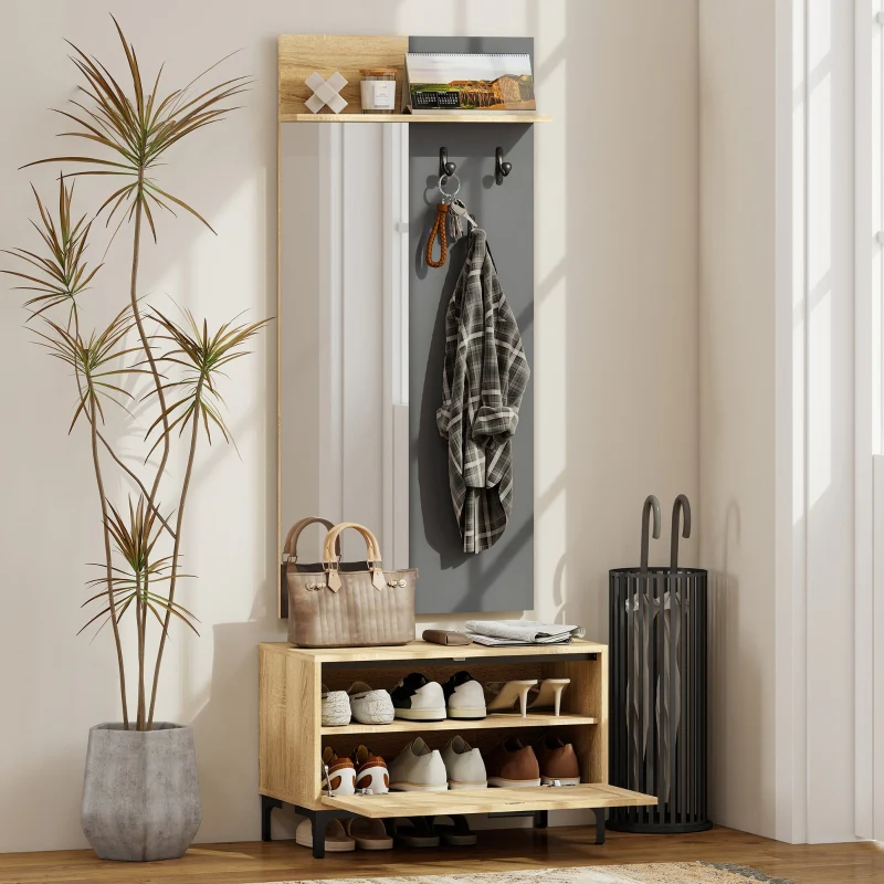 Hallway Set Shoe Bench Mirror 3 Hooks Open Shelf - Natural Wood/Grey