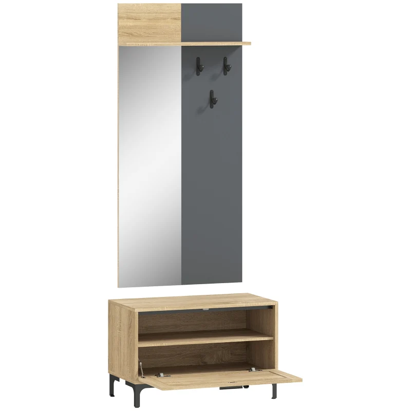 Hallway Set Shoe Bench Mirror 3 Hooks Open Shelf - Natural Wood/Grey - Image 2