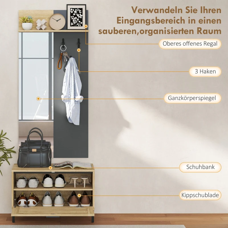 Hallway Set Shoe Bench Mirror 3 Hooks Open Shelf - Natural Wood/Grey - Image 3