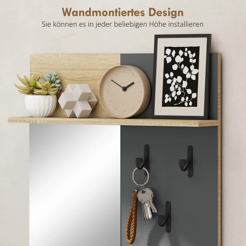 Hallway Set Shoe Bench Mirror 3 Hooks Open Shelf - Natural Wood/Grey - Image 4