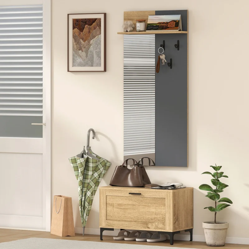 Hallway Set Shoe Bench Mirror 3 Hooks Open Shelf - Natural Wood/Grey - Image 5
