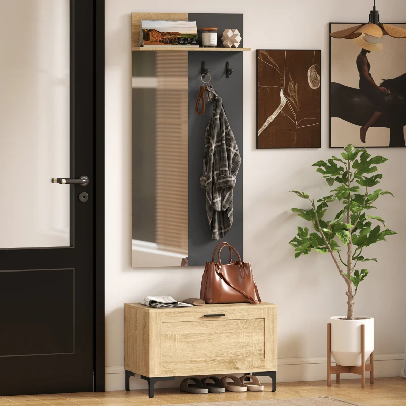 Hallway Set Shoe Bench Mirror 3 Hooks Open Shelf - Natural Wood/Grey - Image 6