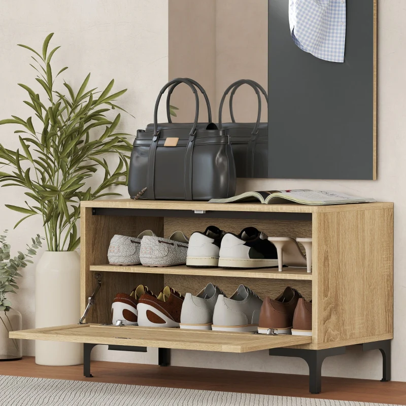 Hallway Set Shoe Bench Mirror 3 Hooks Open Shelf - Natural Wood/Grey - Image 8