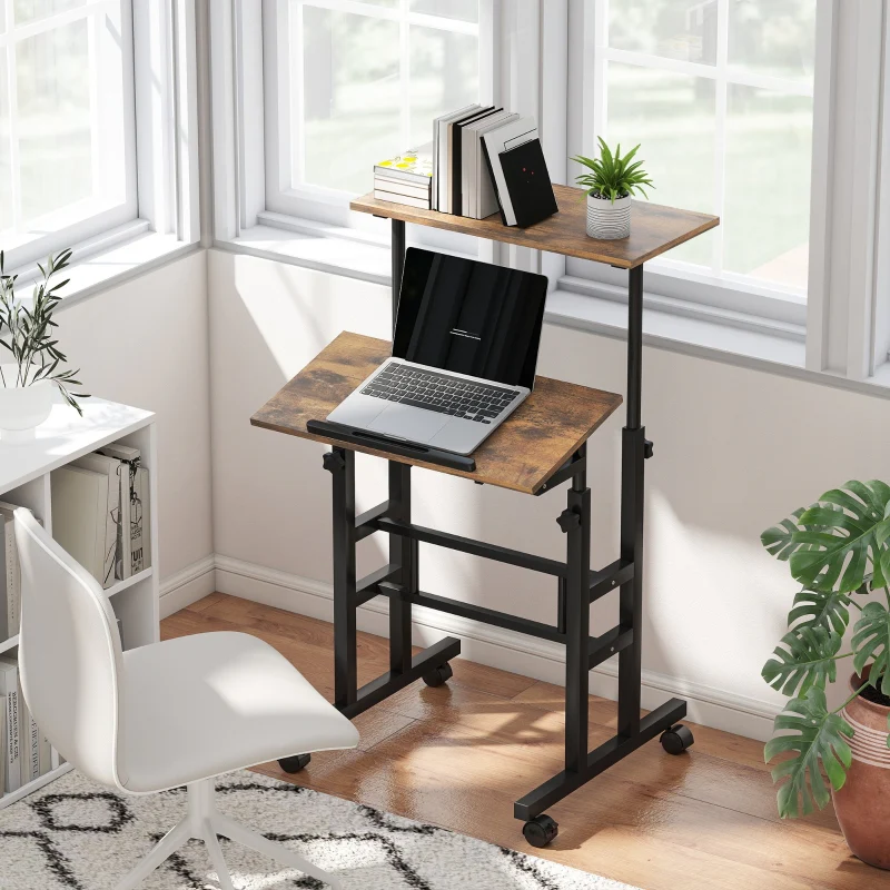 Height-Adjustable Desk 60x60cm Shelf Casters - Rustic Brown - Image 2