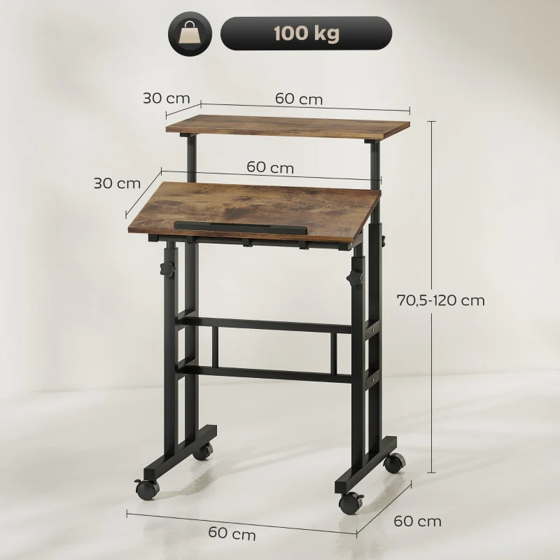 Height-Adjustable Desk 60x60cm Shelf Casters - Rustic Brown - Image 3