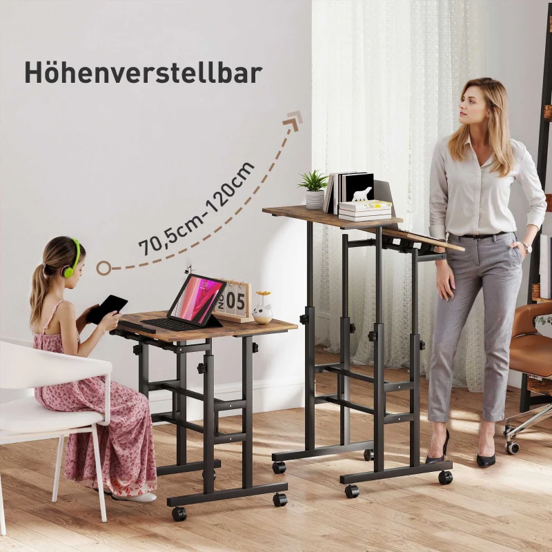 Height-Adjustable Desk 60x60cm Shelf Casters - Rustic Brown - Image 4