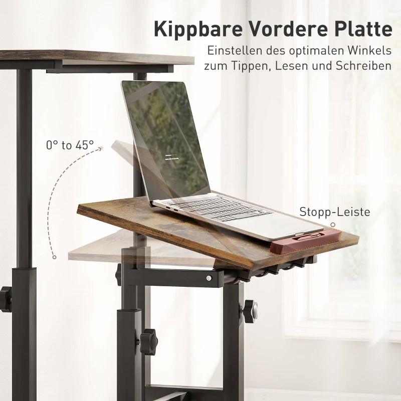 Height-Adjustable Desk 60x60cm Shelf Casters - Rustic Brown - Image 5