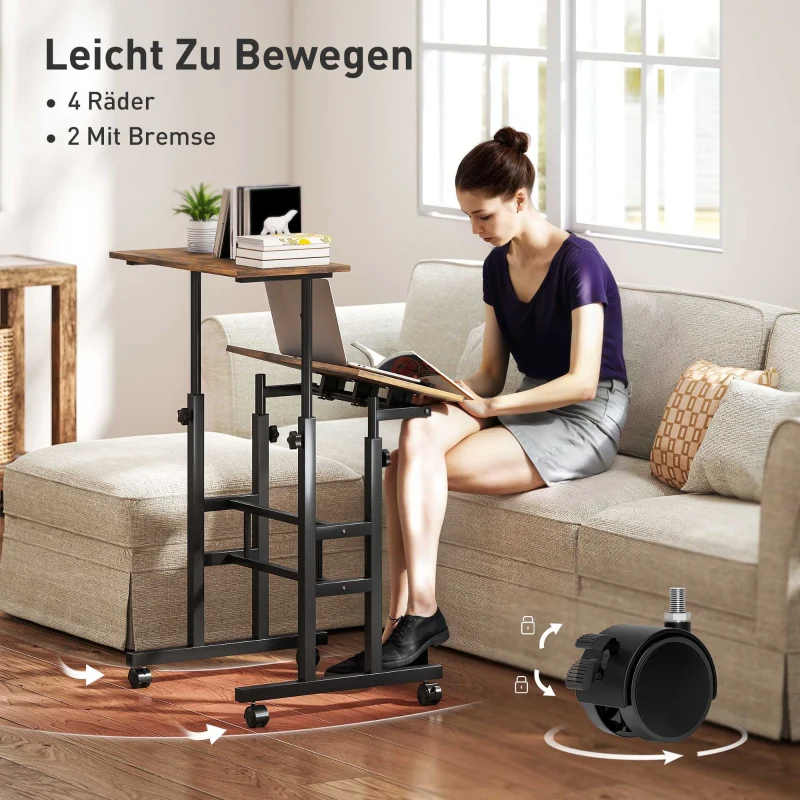 Height-Adjustable Desk 60x60cm Shelf Casters - Rustic Brown - Image 6