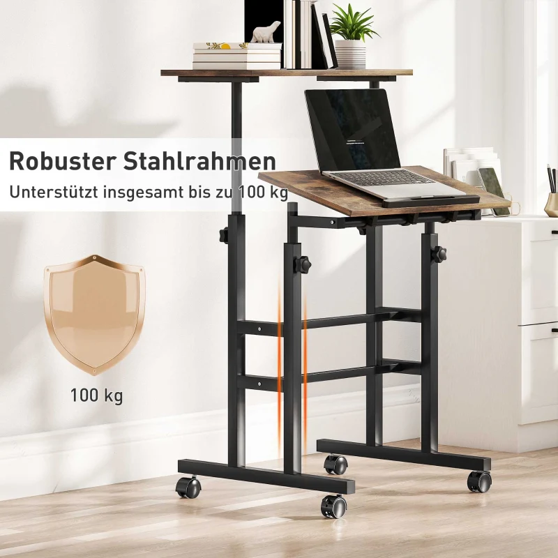 Height-Adjustable Desk 60x60cm Shelf Casters - Rustic Brown - Image 7