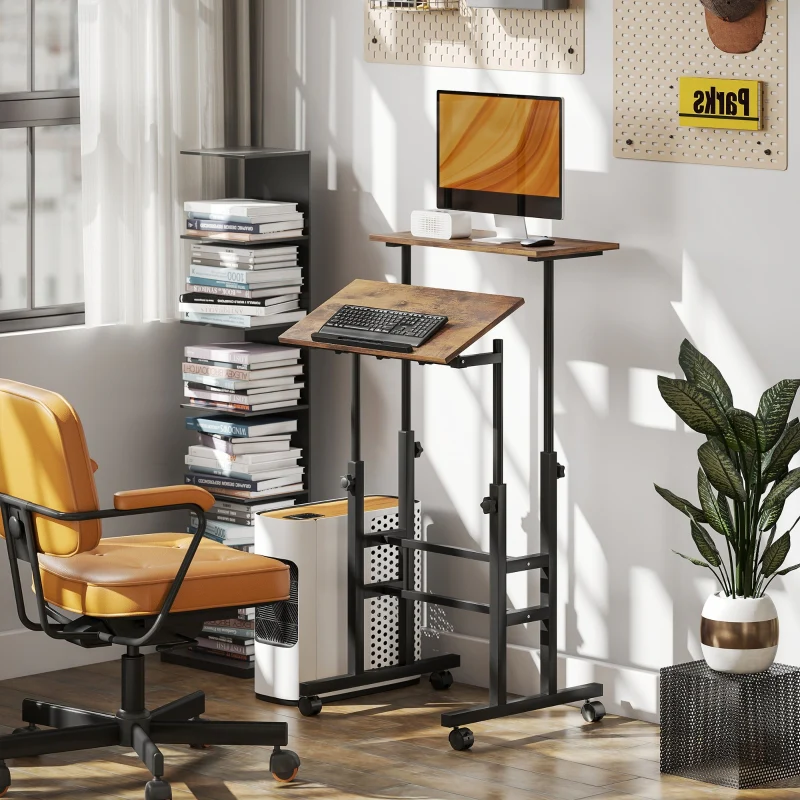 Height-Adjustable Desk 60x60cm Shelf Casters - Rustic Brown - Image 8