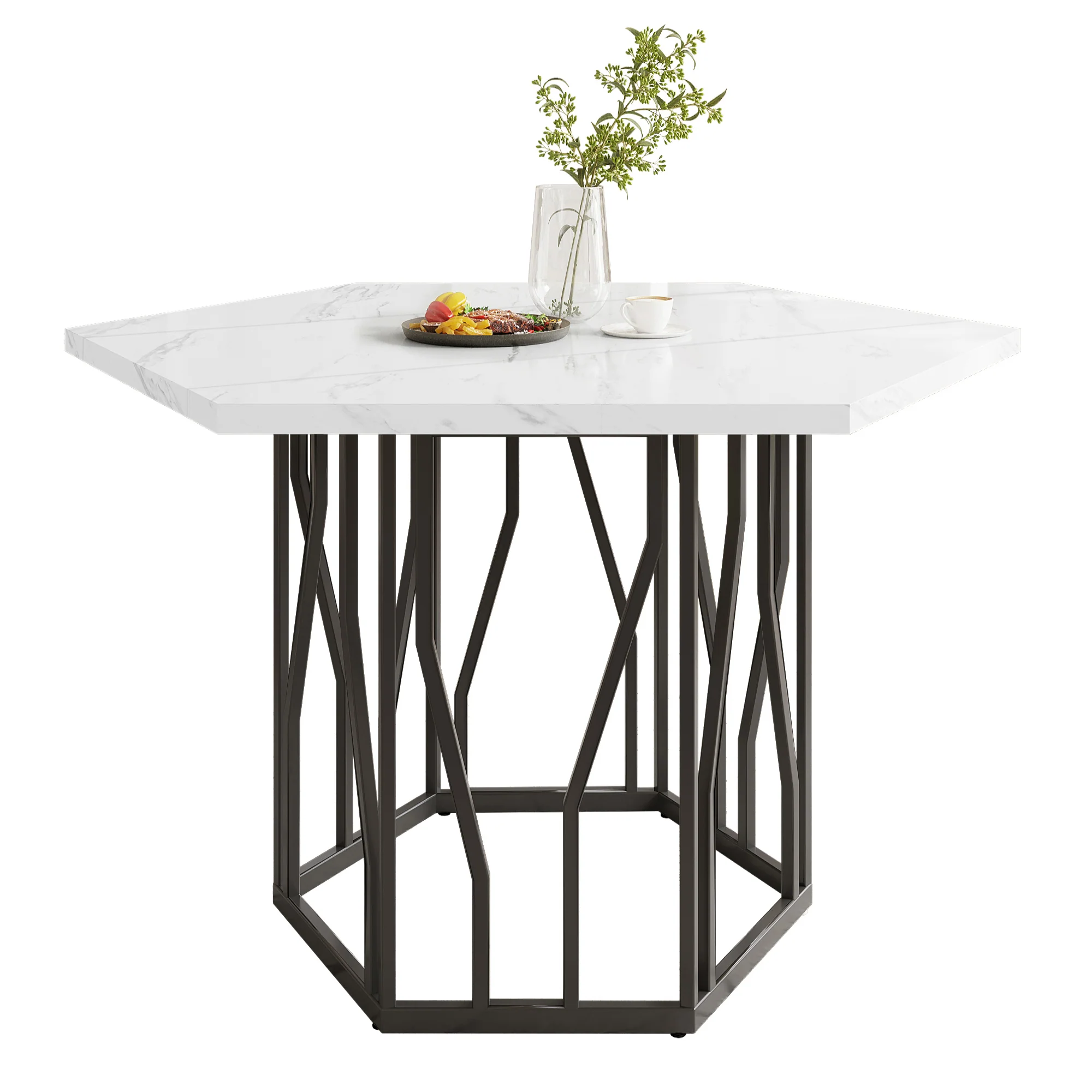 Hexagonal Dining Table Modern Marble Coffee Table Black Metal Base - Image 2