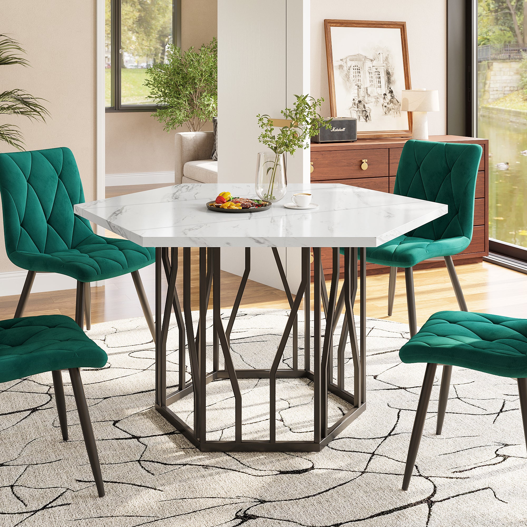 Hexagonal Dining Table Modern Marble Coffee Table Black Metal Base - Image 3