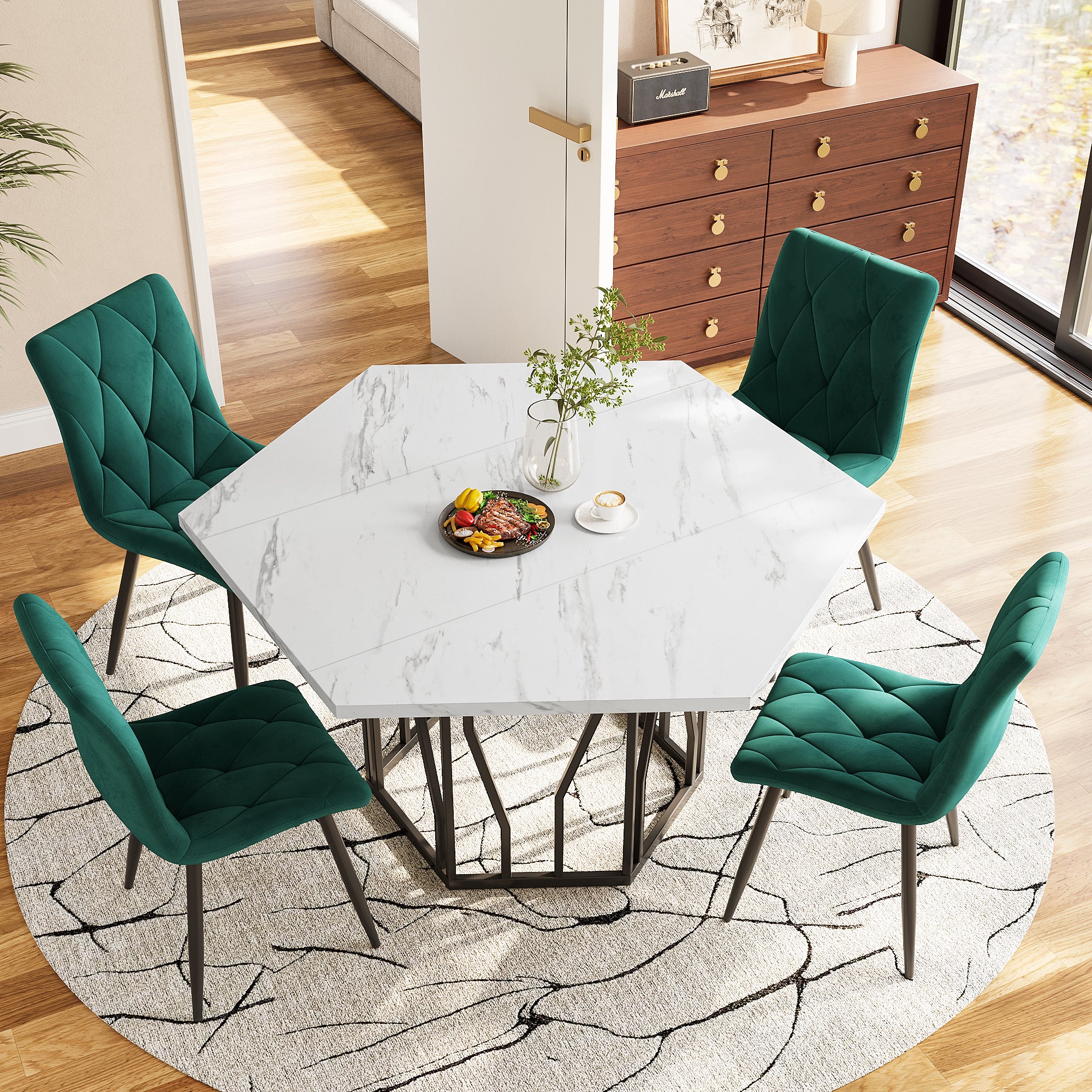 Hexagonal Dining Table Modern Marble Coffee Table Black Metal Base - Image 4