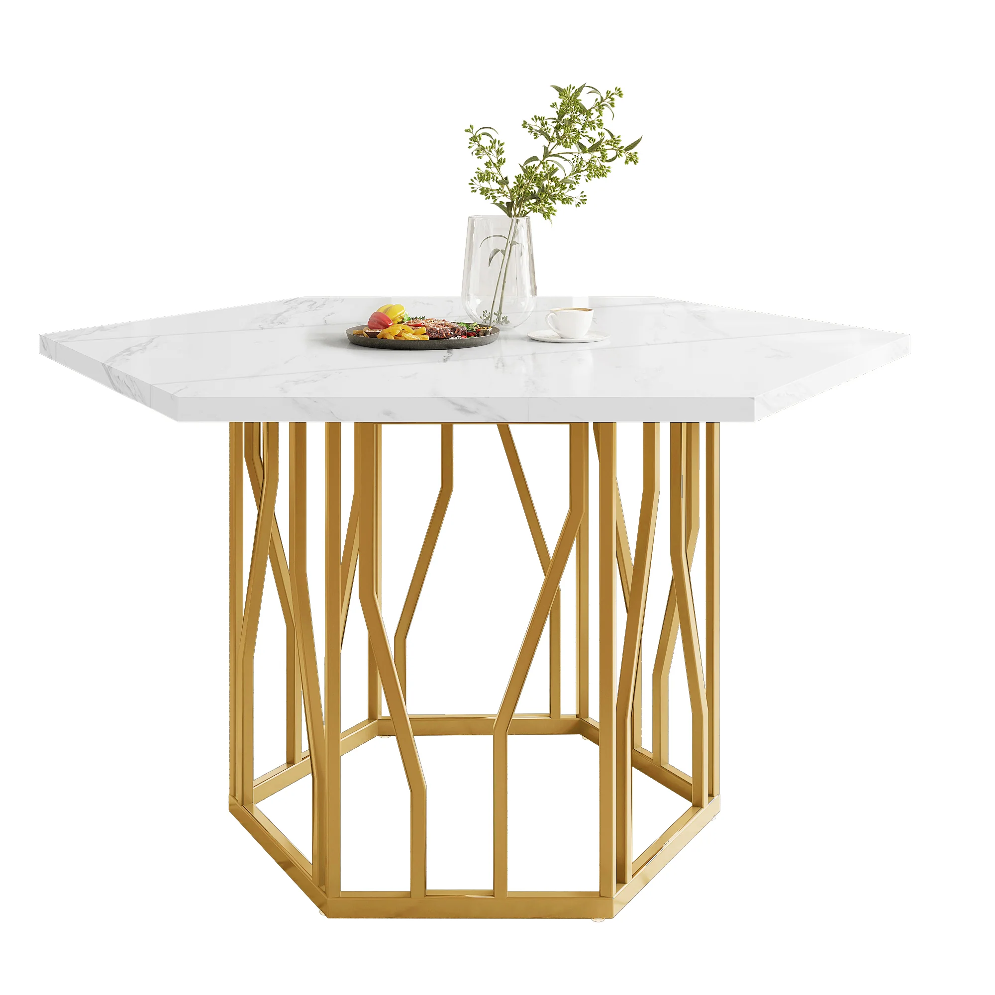 Hexagonal Marble Dining Table Modern Metal Branch Base Coffee Table Gold - Image 7