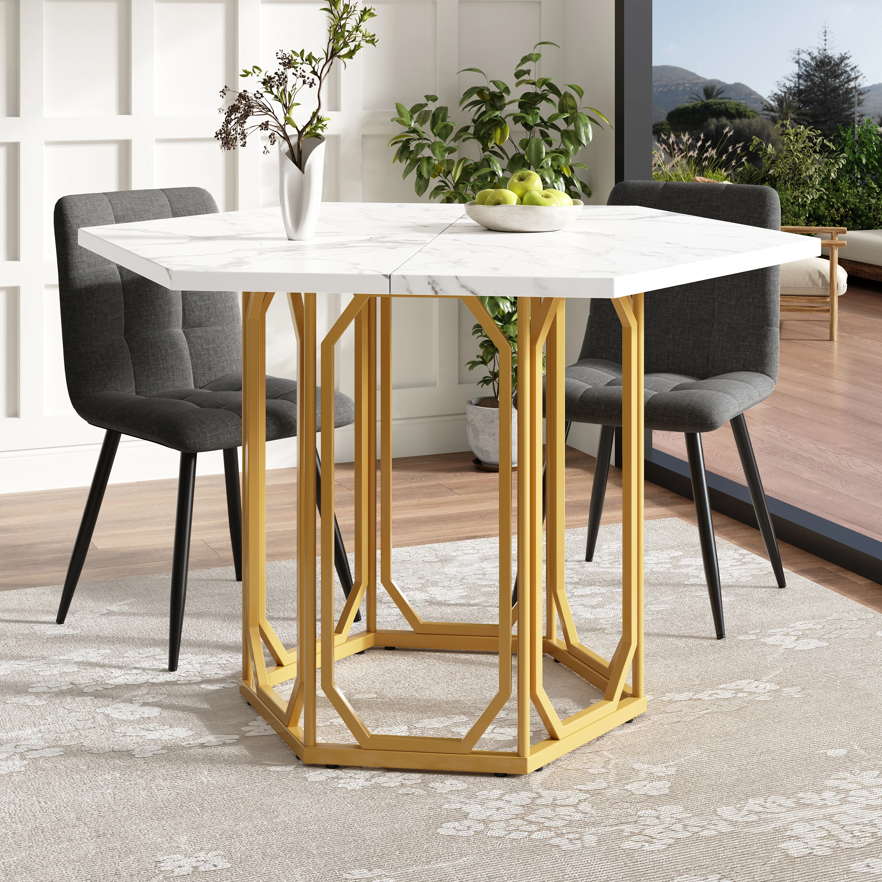 Hexagonal Marble Table Metal Legs - Gold