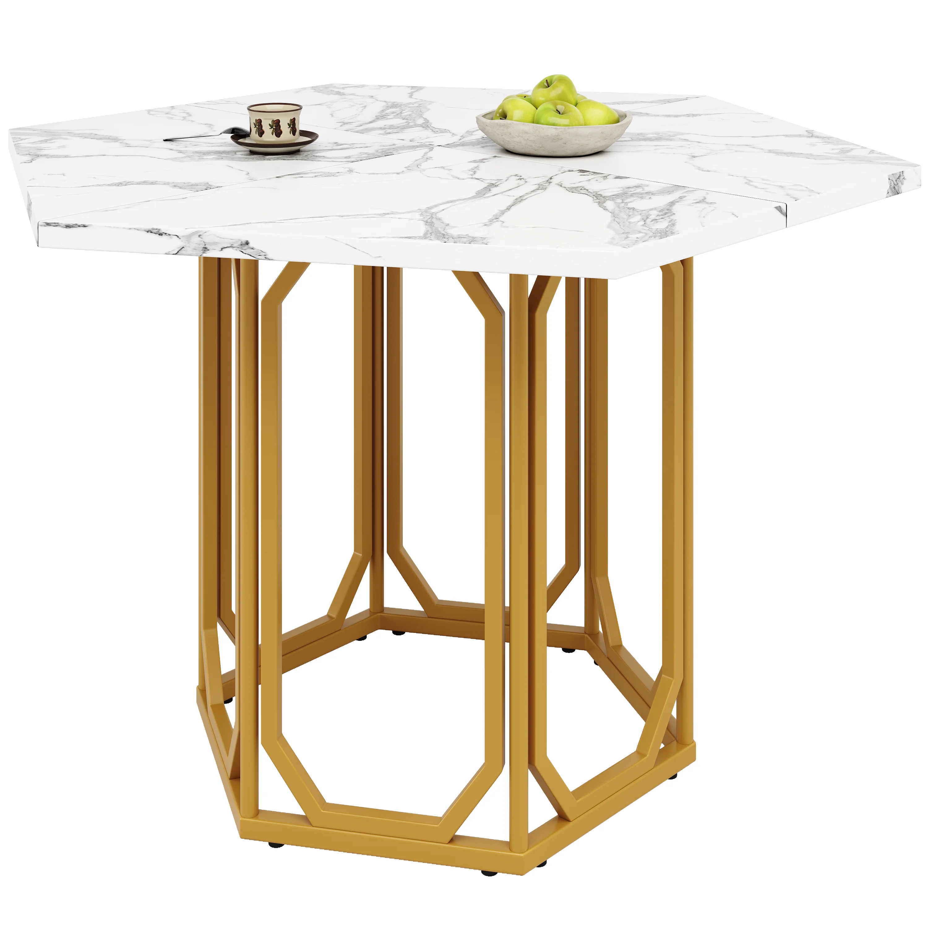 Hexagonal Marble Table Metal Legs - Gold - Image 8