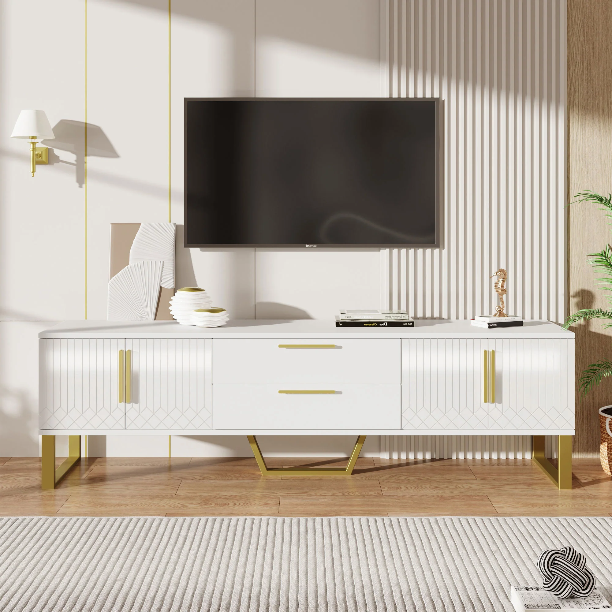 High-Gloss TV Cabinet Engraved Door Gold Handles & Feet Storage