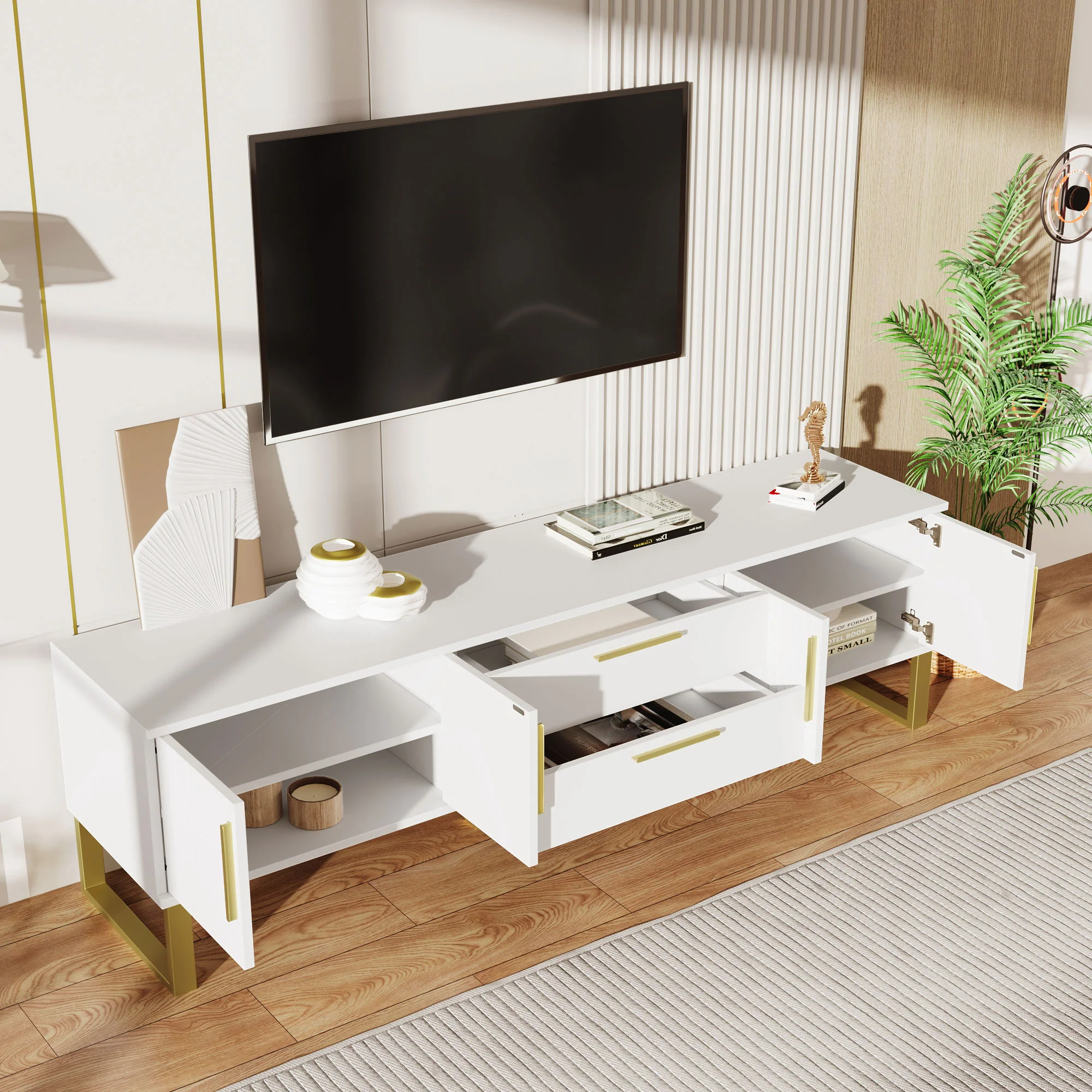 High-Gloss TV Cabinet Engraved Door Gold Handles & Feet Storage - Image 6