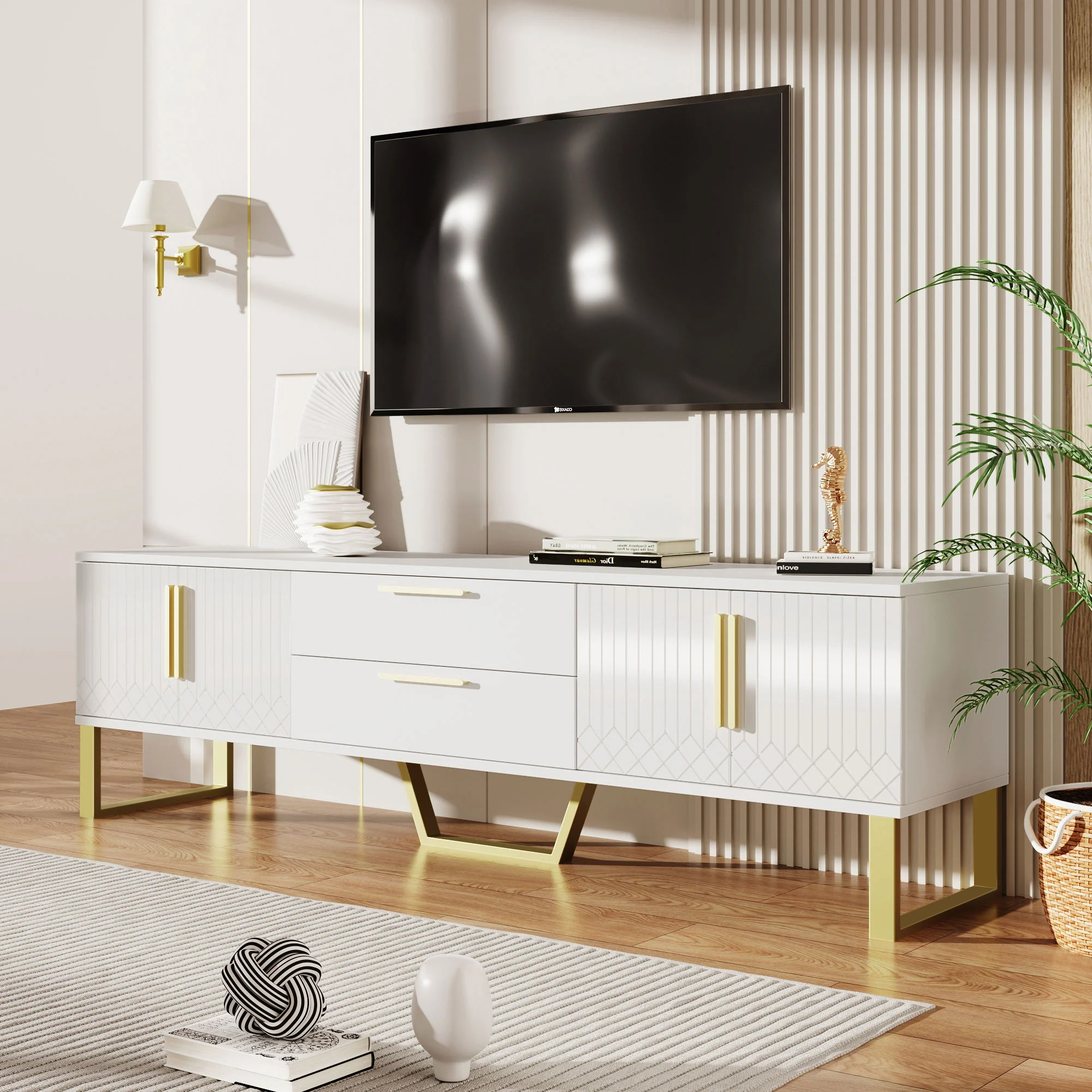 High-Gloss TV Cabinet Engraved Door Gold Handles & Feet Storage - Image 7
